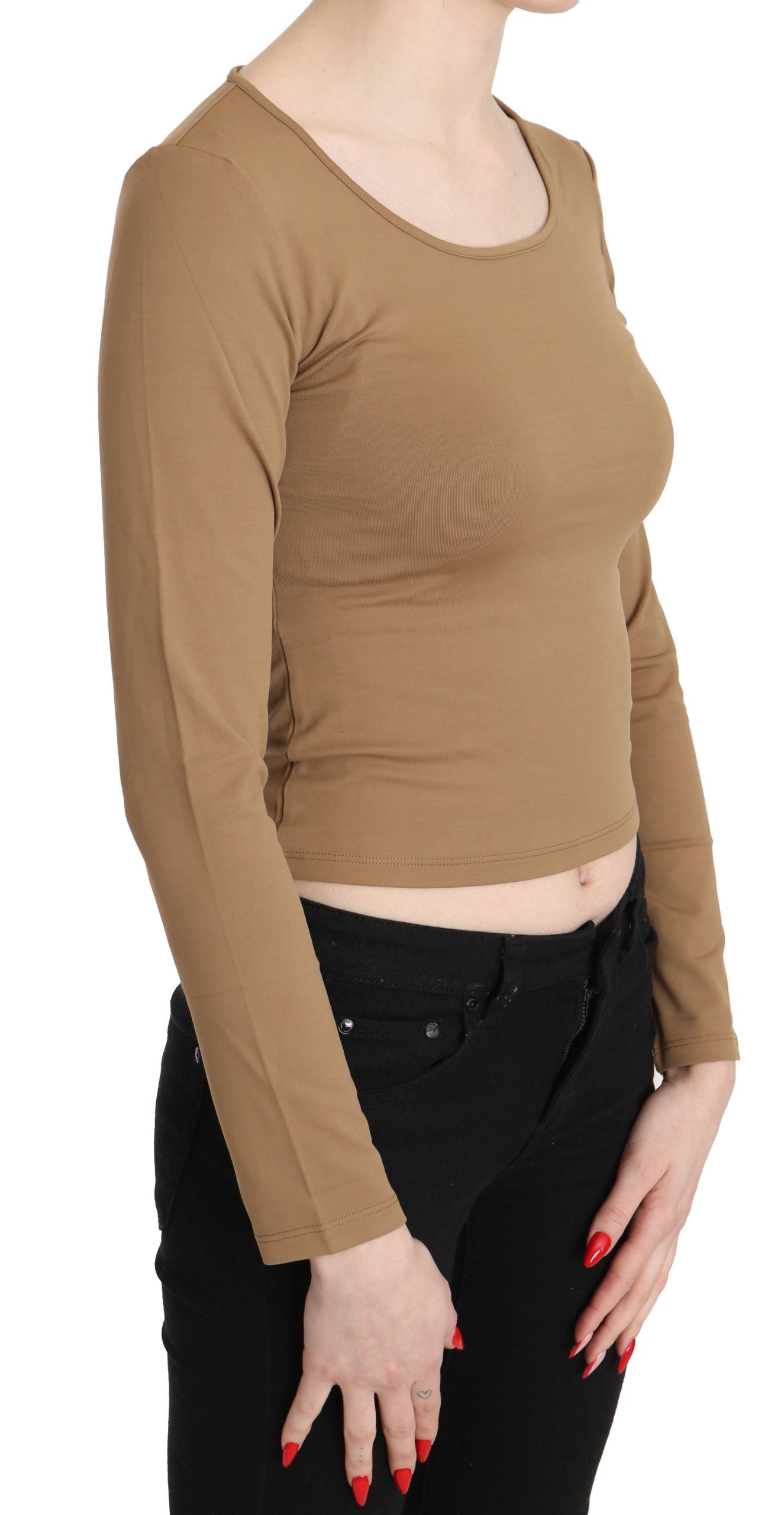 GF Ferre Brown Round Neck Long Sleeve Slim Crop Top Blouse | Regal Royce