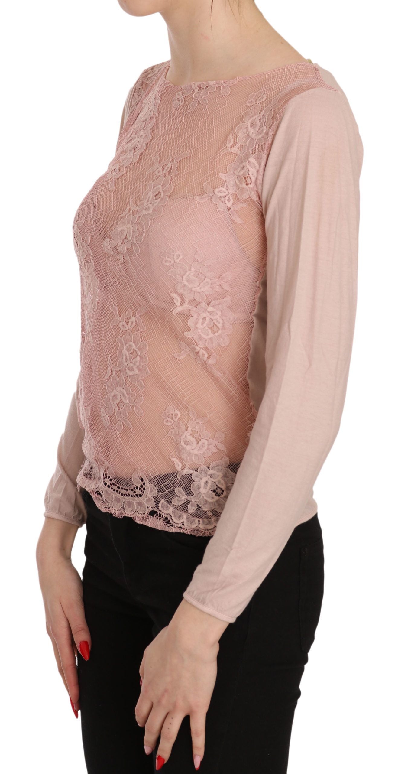 PINK MEMORIES Pink Lace See Through Long Sleeve Top Blouse | Regal Royce