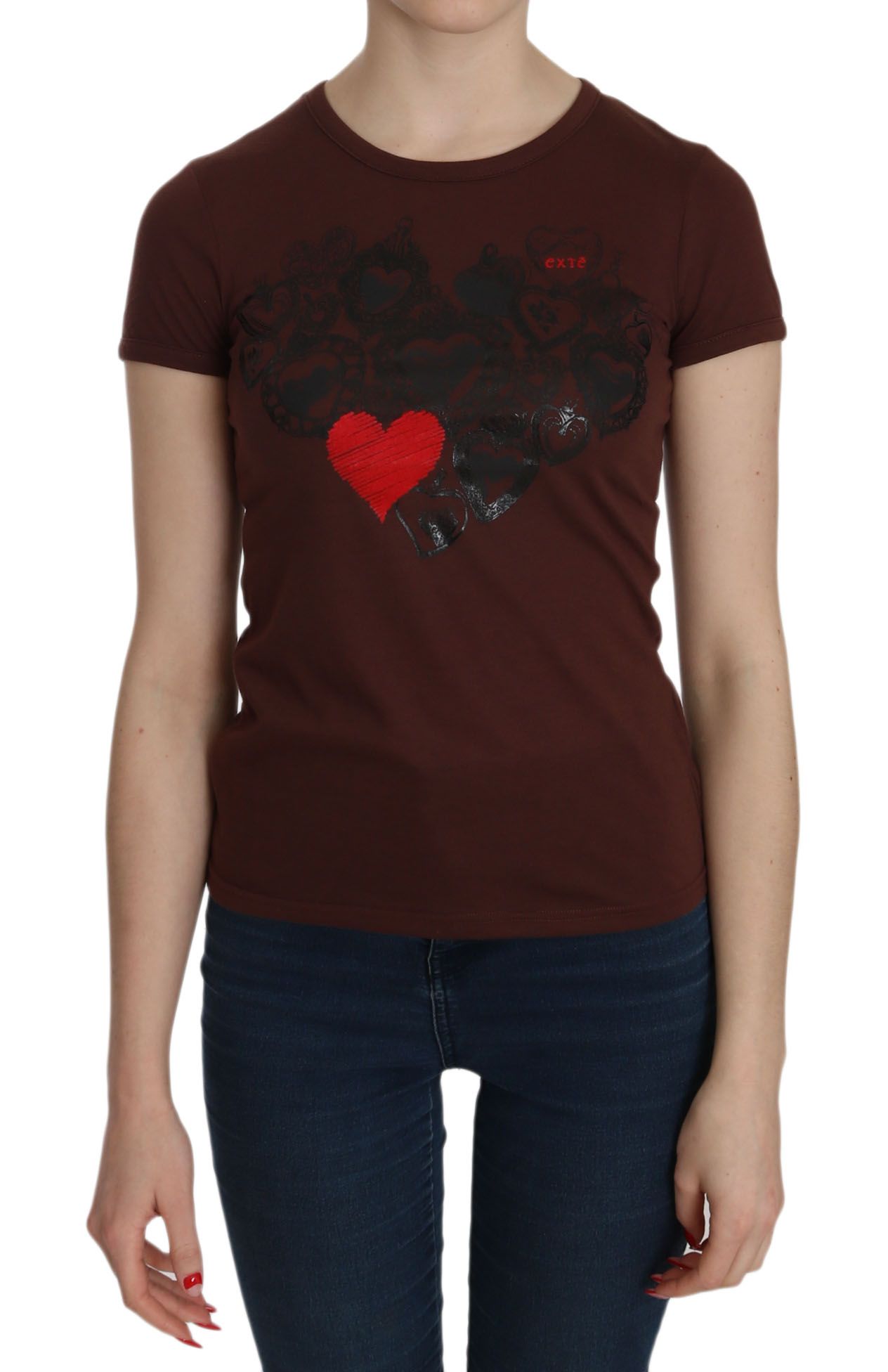 Exte Brown Heart Print Crew Neck T-shirt Short Sleeve Blouse | Regal Royce