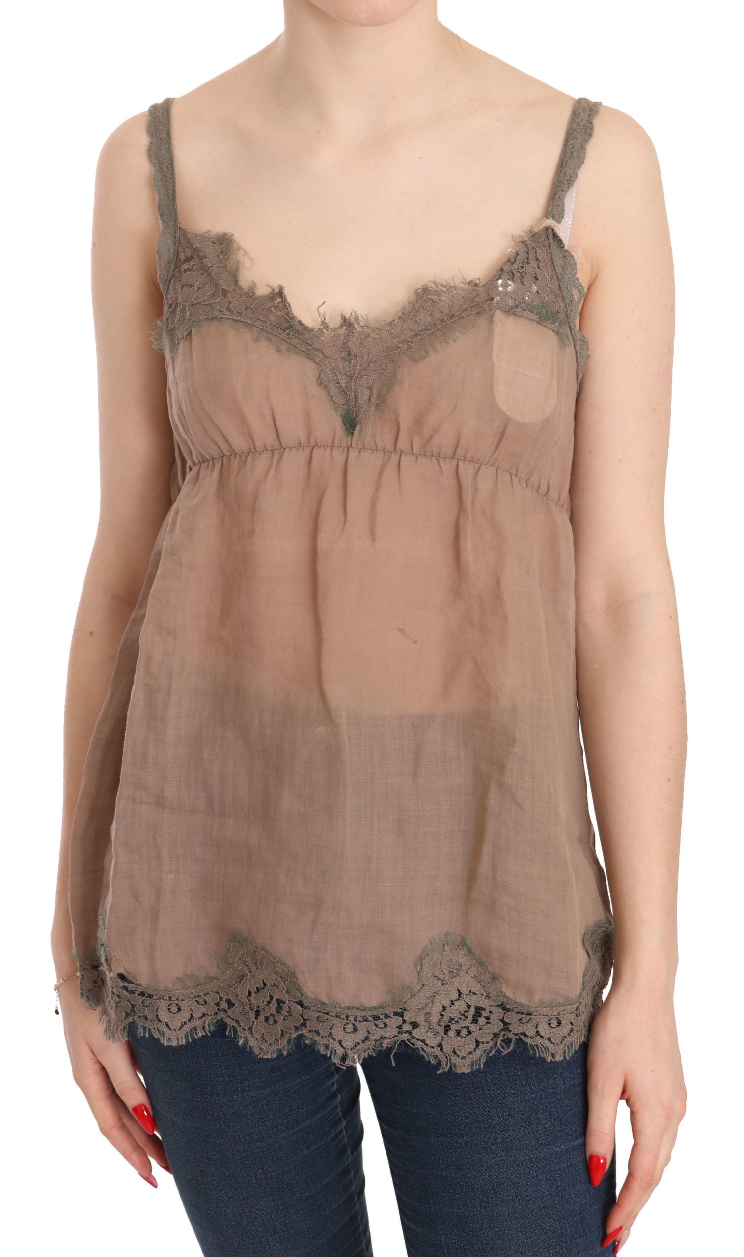 PINK MEMORIES Brown Lace Spaghetti Strap Plunging Top Blouse | Regal Royce