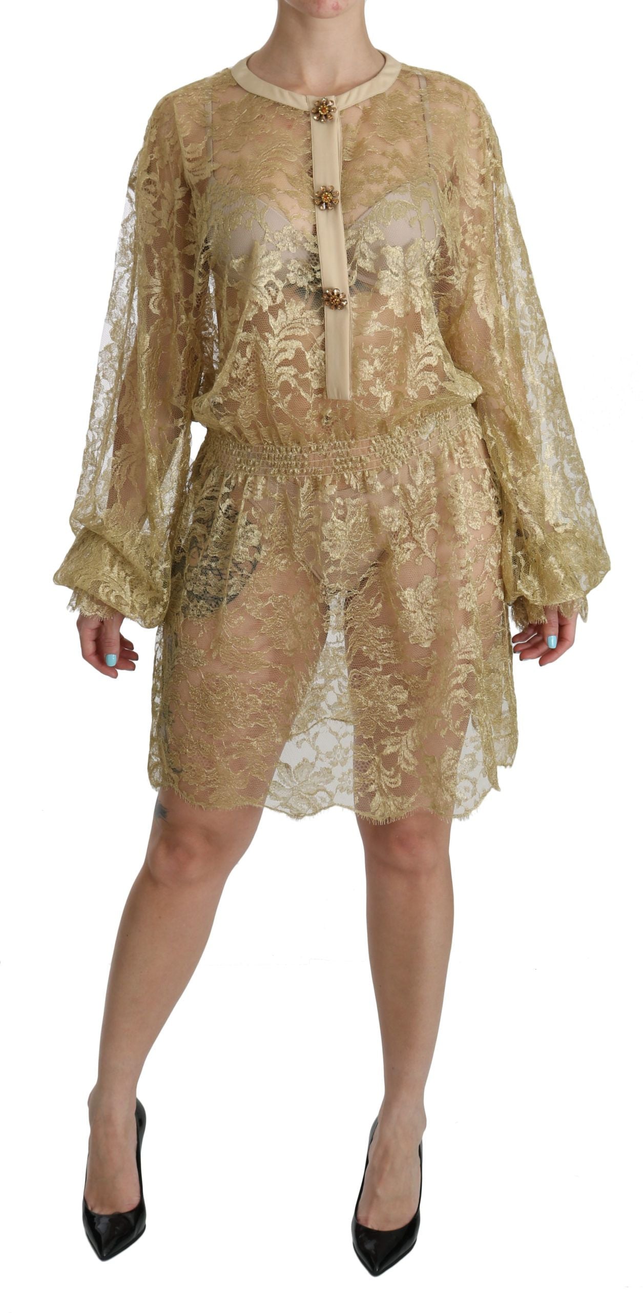 Dolce & Gabbana Gold Lace See Through A-Line Knee Length Dress | Regal Royce