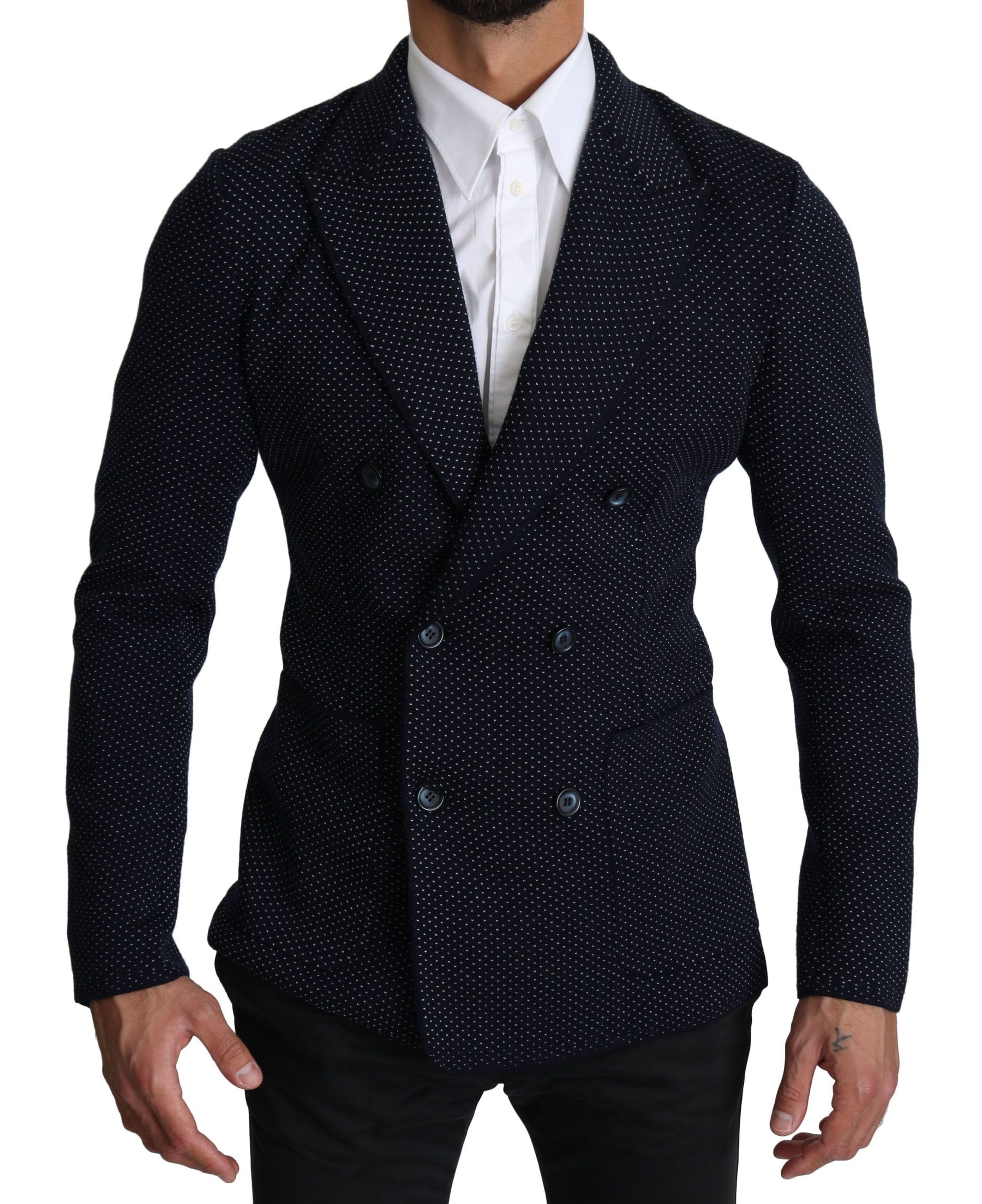 Dolce & Gabbana Dark Blue Dotted Double Breasted Coat Blazer | Regal Royce