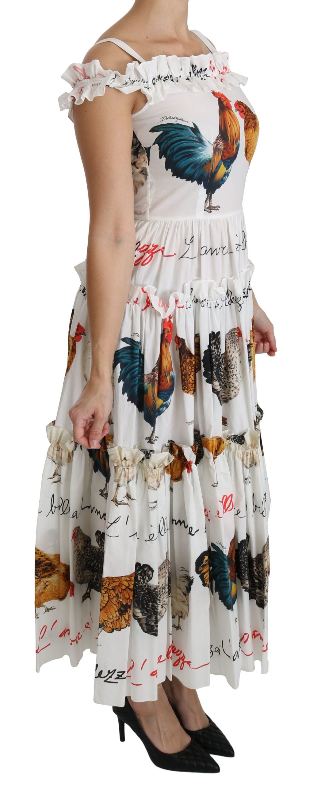 Dolce & Gabbana White Rooster Sheath Midi Cotton Dress | Regal Royce