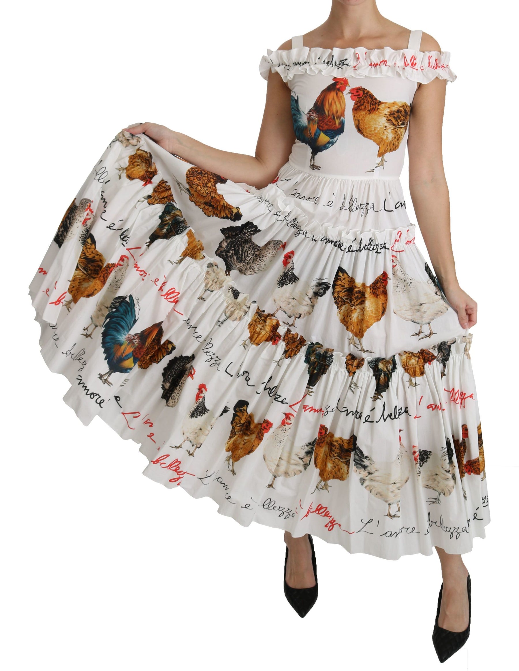 Dolce & Gabbana White Rooster Sheath Midi Cotton Dress | Regal Royce