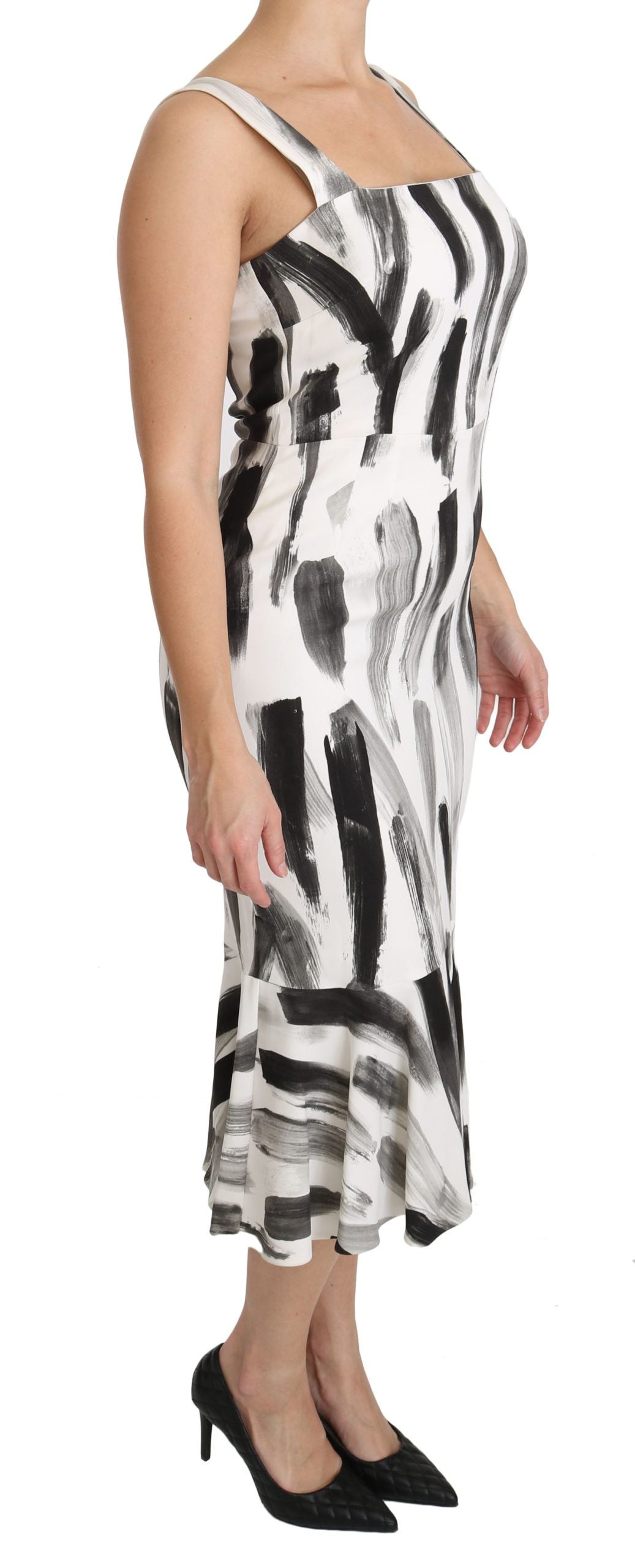 Dolce & Gabbana White Black Printed Sheath Midi Viscose Dress | Regal Royce