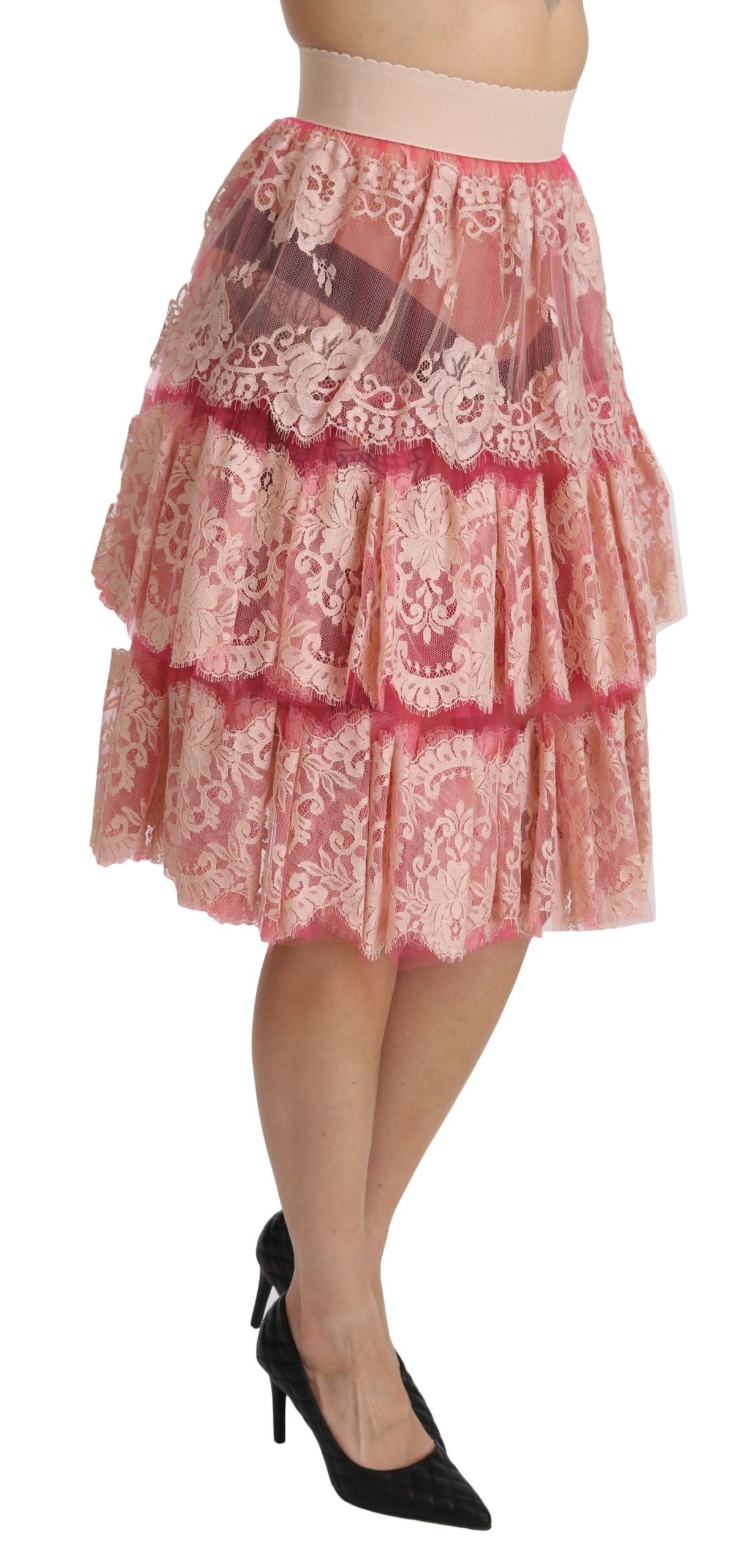 Dolce & Gabbana Pink Lace Layered High Waist Knee Length Skirt | Regal Royce