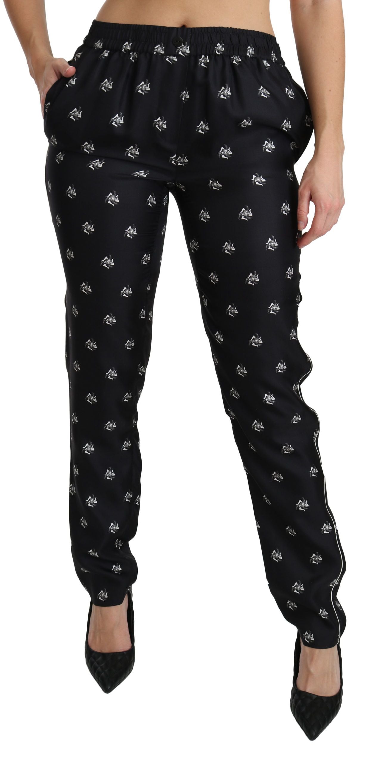 Dolce & Gabbana Black Printed Mid Waist Skinny Silk Pants | Regal Royce