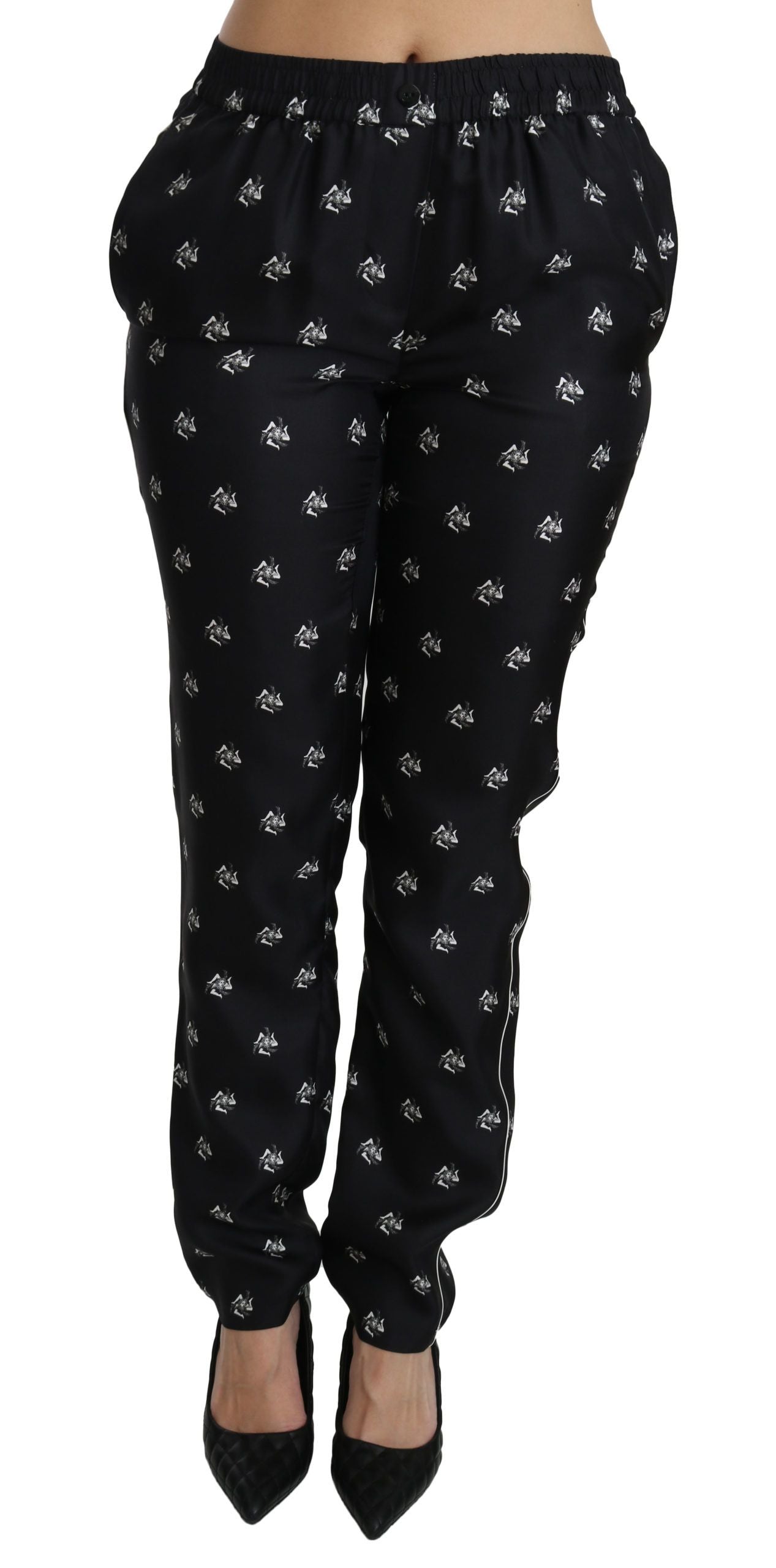 Dolce & Gabbana Black Printed Mid Waist Skinny Silk Pants | Regal Royce