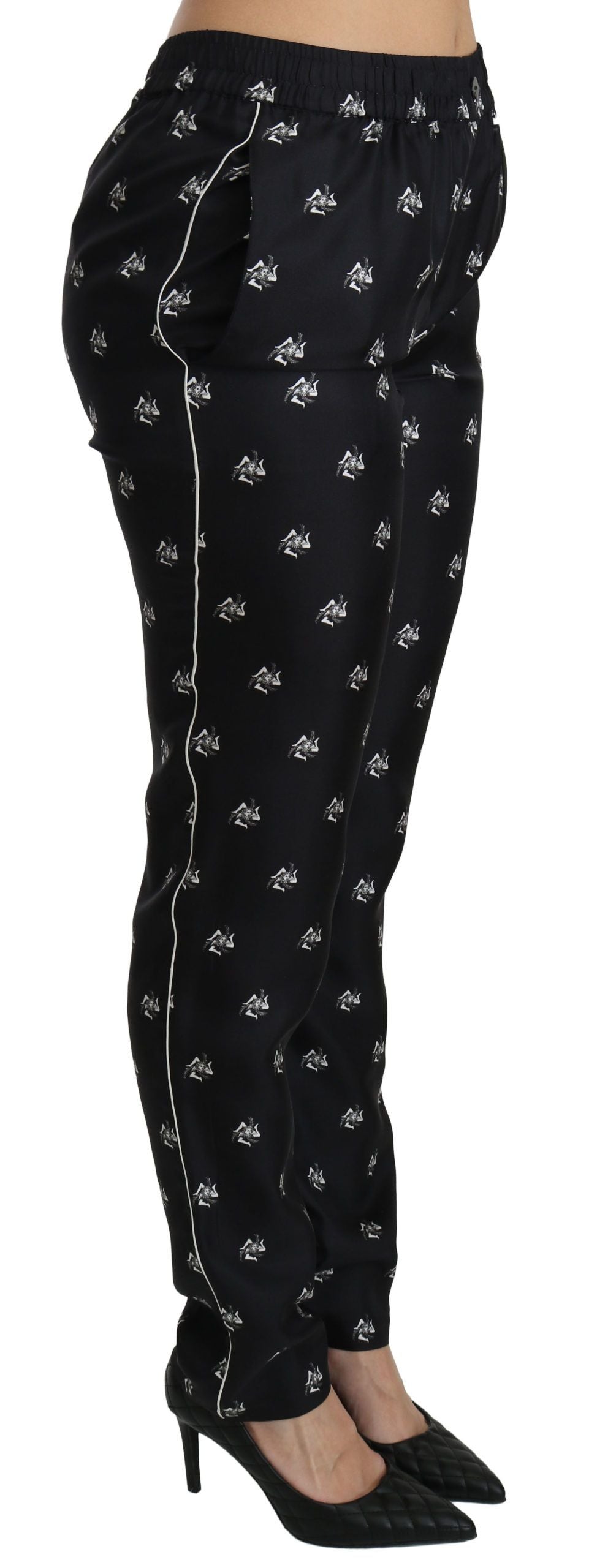 Dolce & Gabbana Black Printed Mid Waist Skinny Silk Pants | Regal Royce