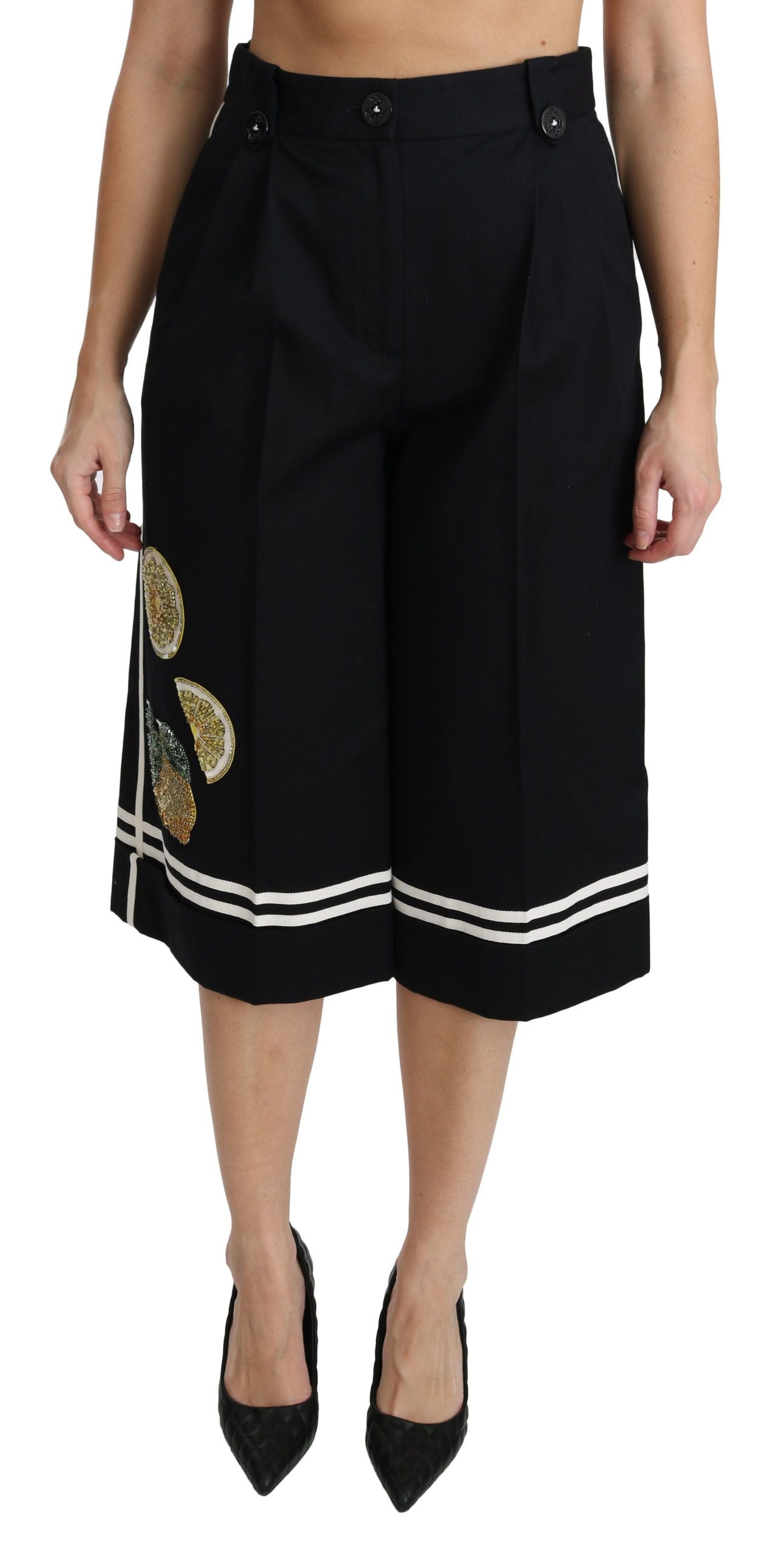 Dolce & Gabbana Black Lemon Embellished Palazzo Cropped Pants | Regal Royce