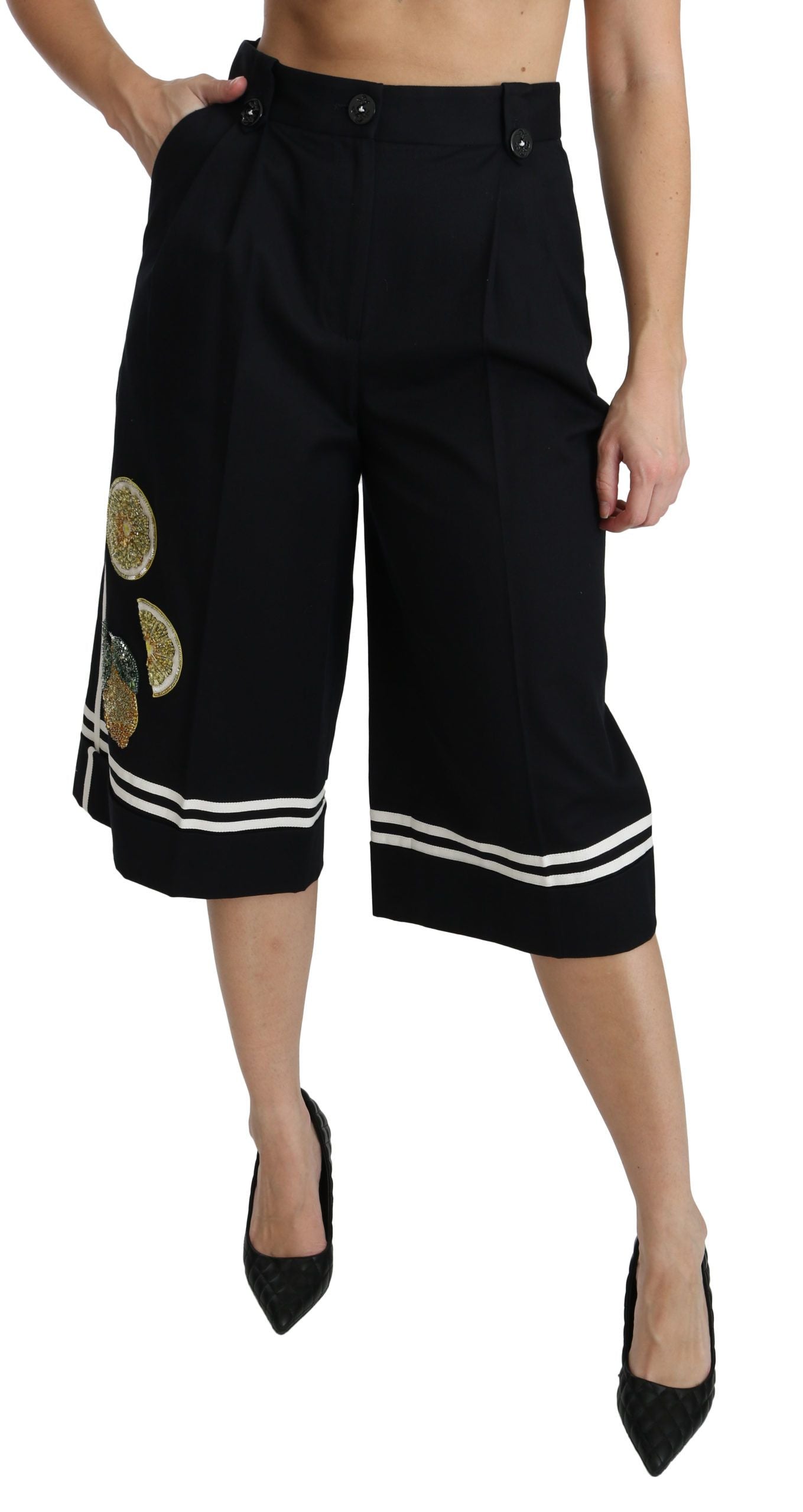 Dolce & Gabbana Black Lemon Embellished Palazzo Cropped Pants | Regal Royce