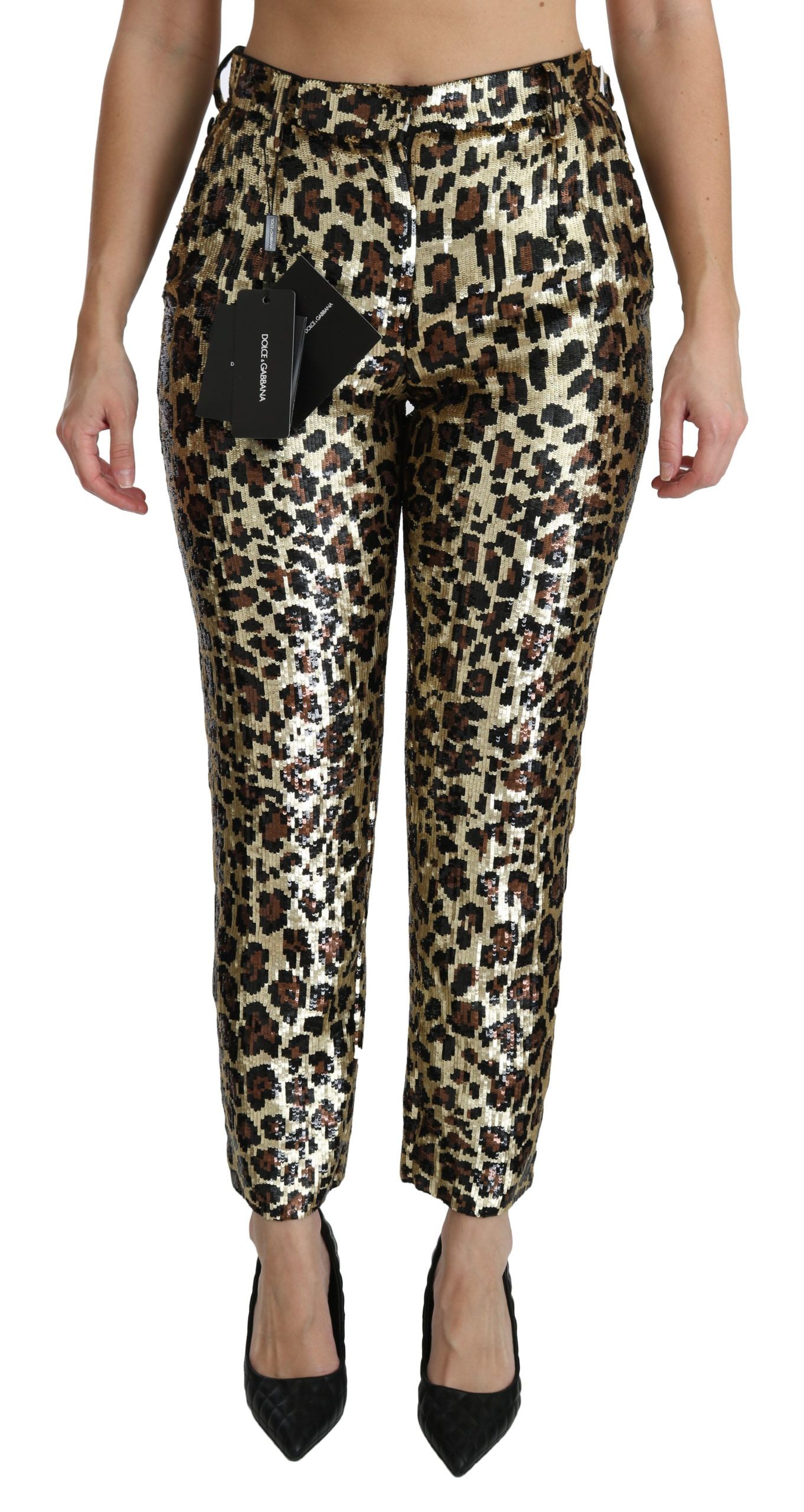 Dolce & Gabbana Brown Leopard Sequined High Waist Pants | Regal Royce