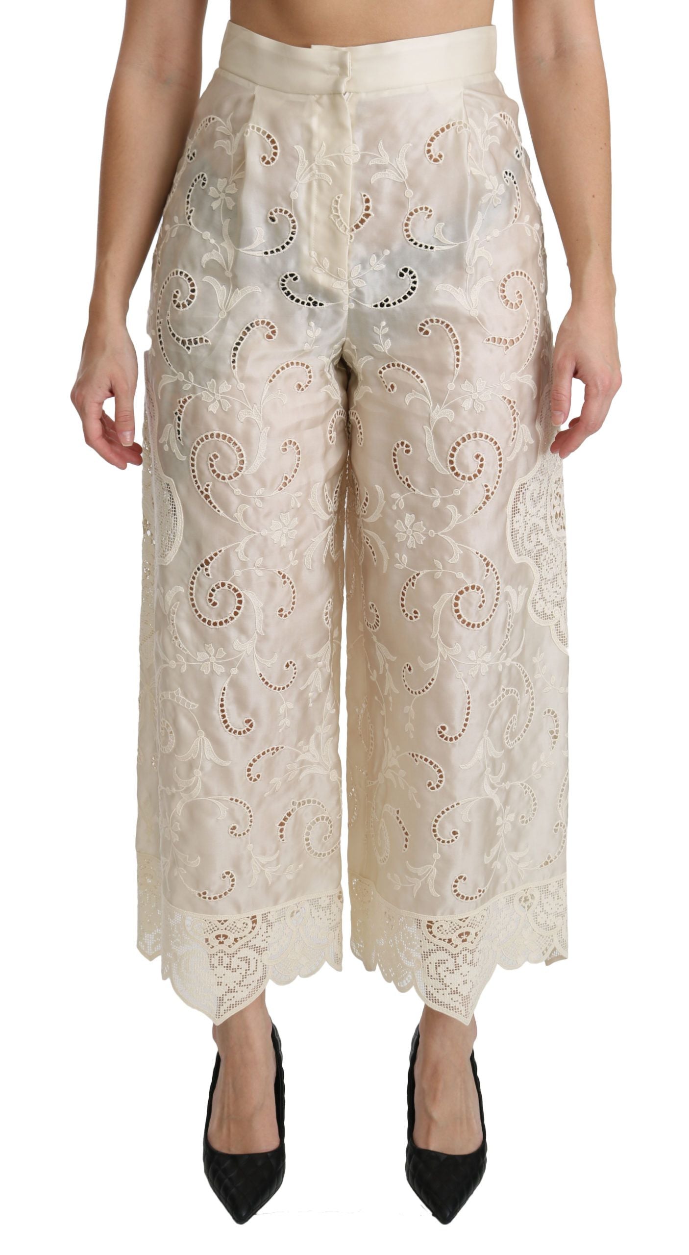 Dolce & Gabbana Cream Lace High Waist Palazzo Cropped Pants | Regal Royce