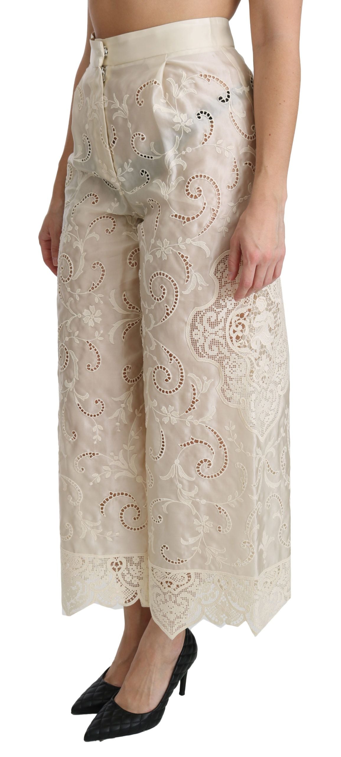 Dolce & Gabbana Cream Lace High Waist Palazzo Cropped Pants | Regal Royce