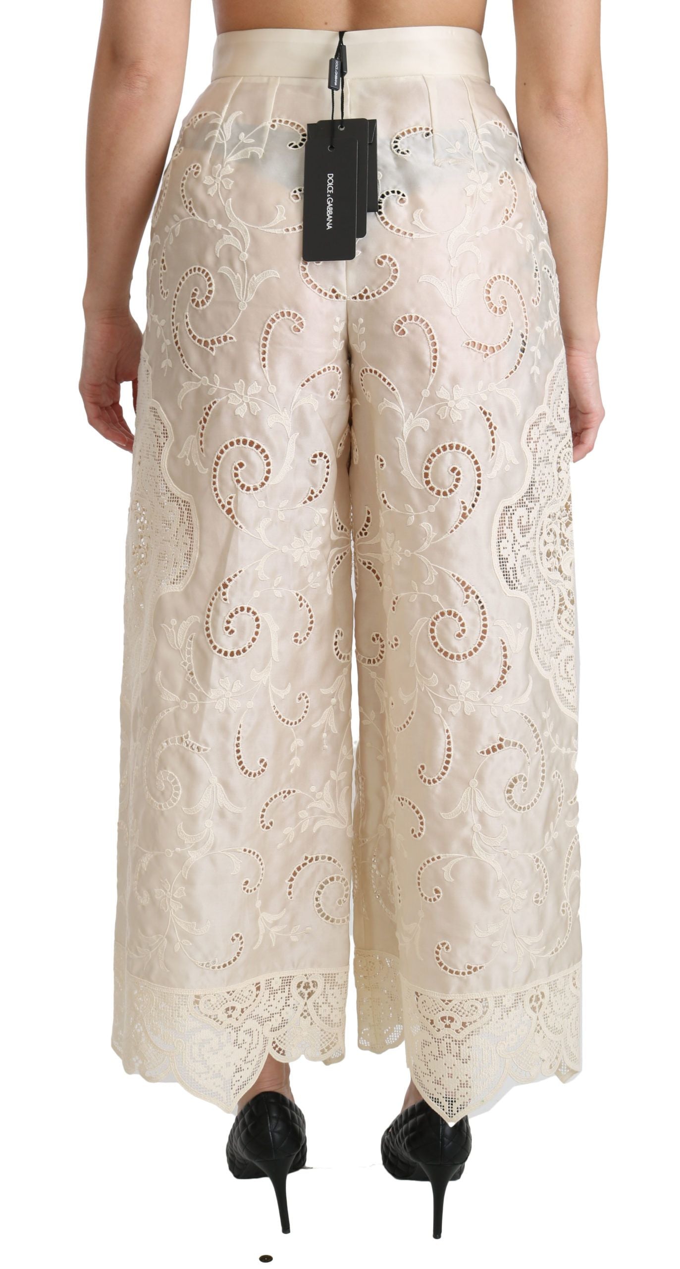 Dolce & Gabbana Cream Lace High Waist Palazzo Cropped Pants | Regal Royce