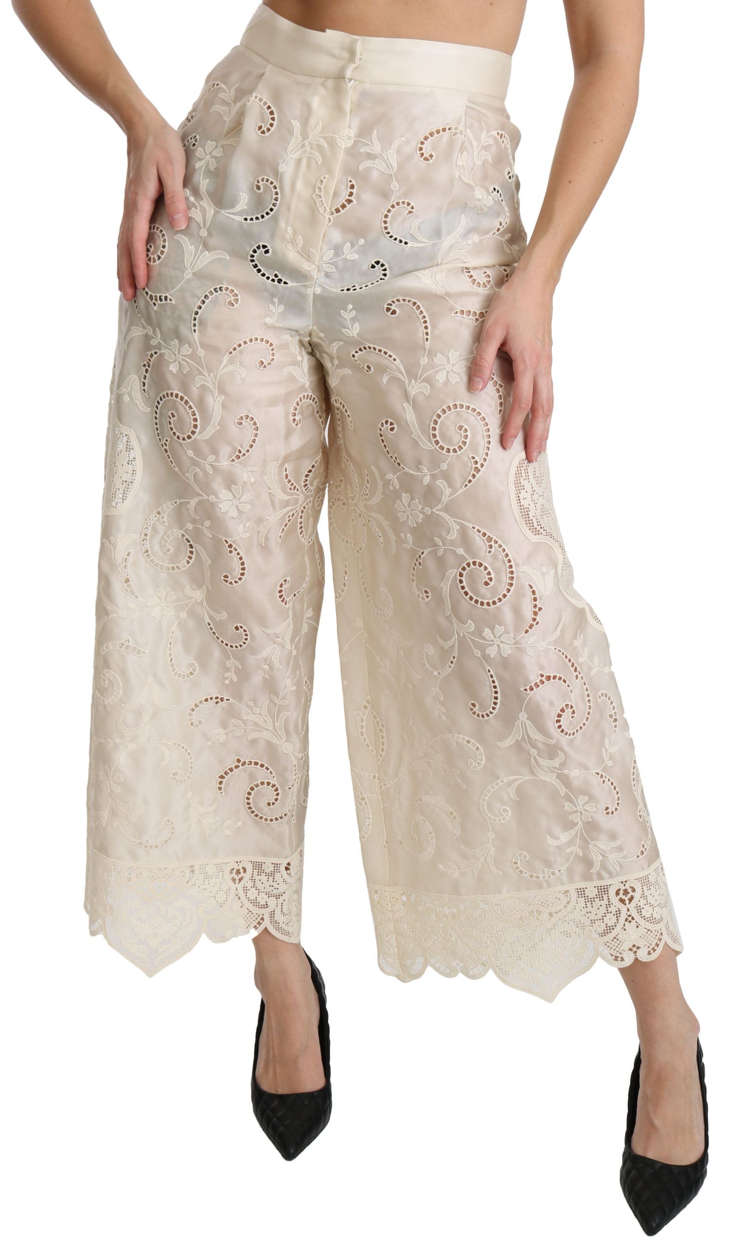 Dolce & Gabbana Cream Lace High Waist Palazzo Cropped Pants | Regal Royce