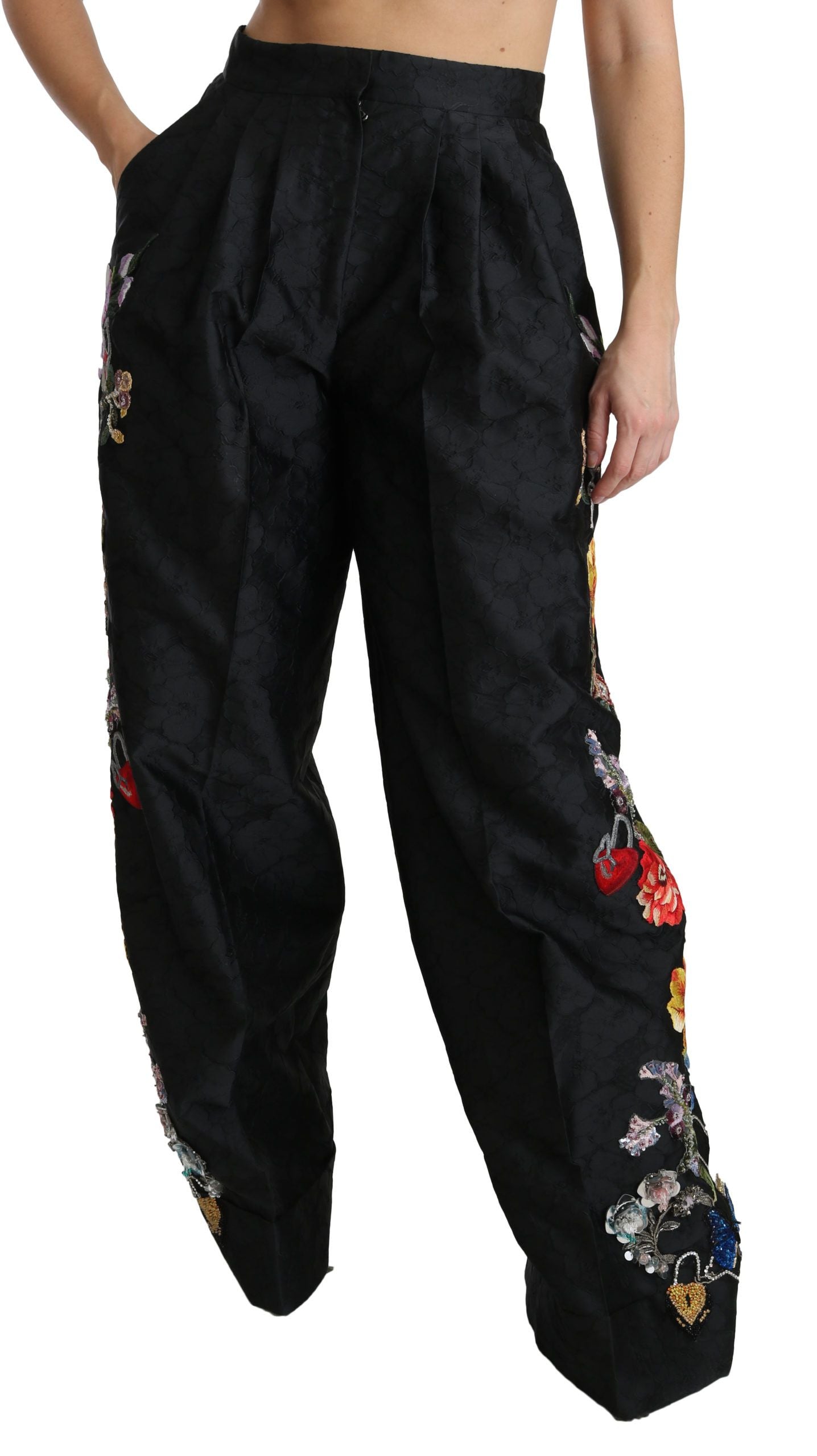 Dolce & Gabbana Black Brocade Floral Sequined Beaded Pants | Regal Royce