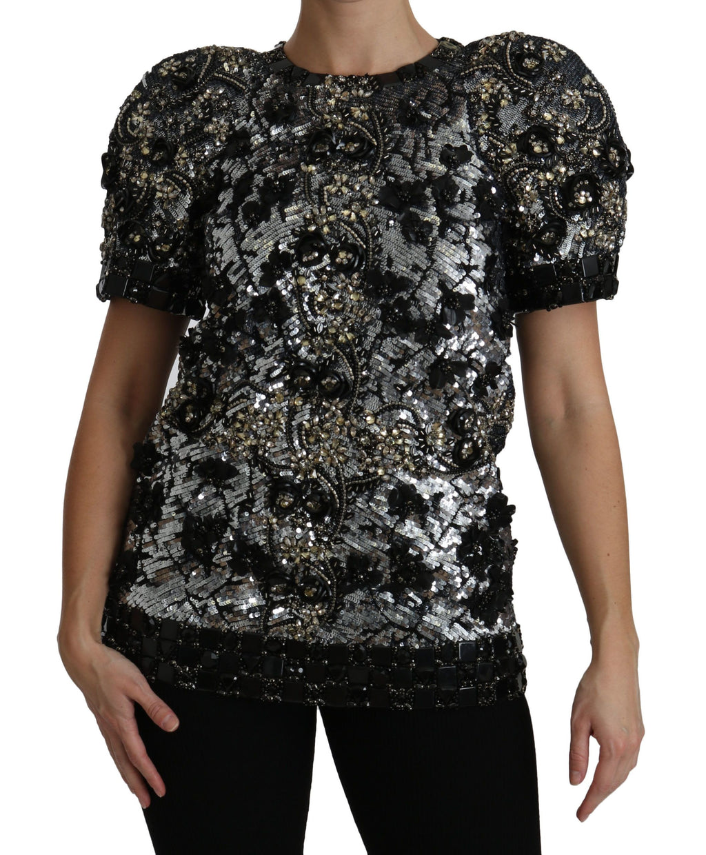 Dolce & Gabbana Black Sequined Crystal Embellished Top Blouse