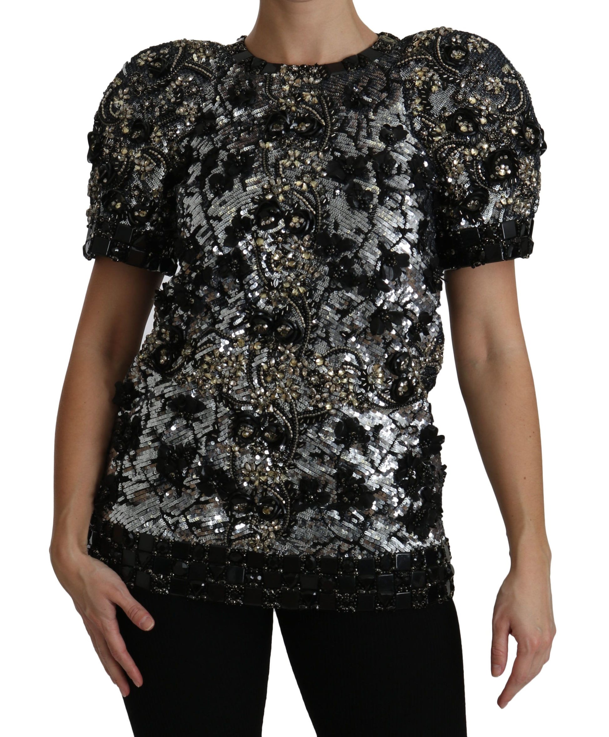 Dolce & Gabbana Black Sequined Crystal Embellished Top Blouse
