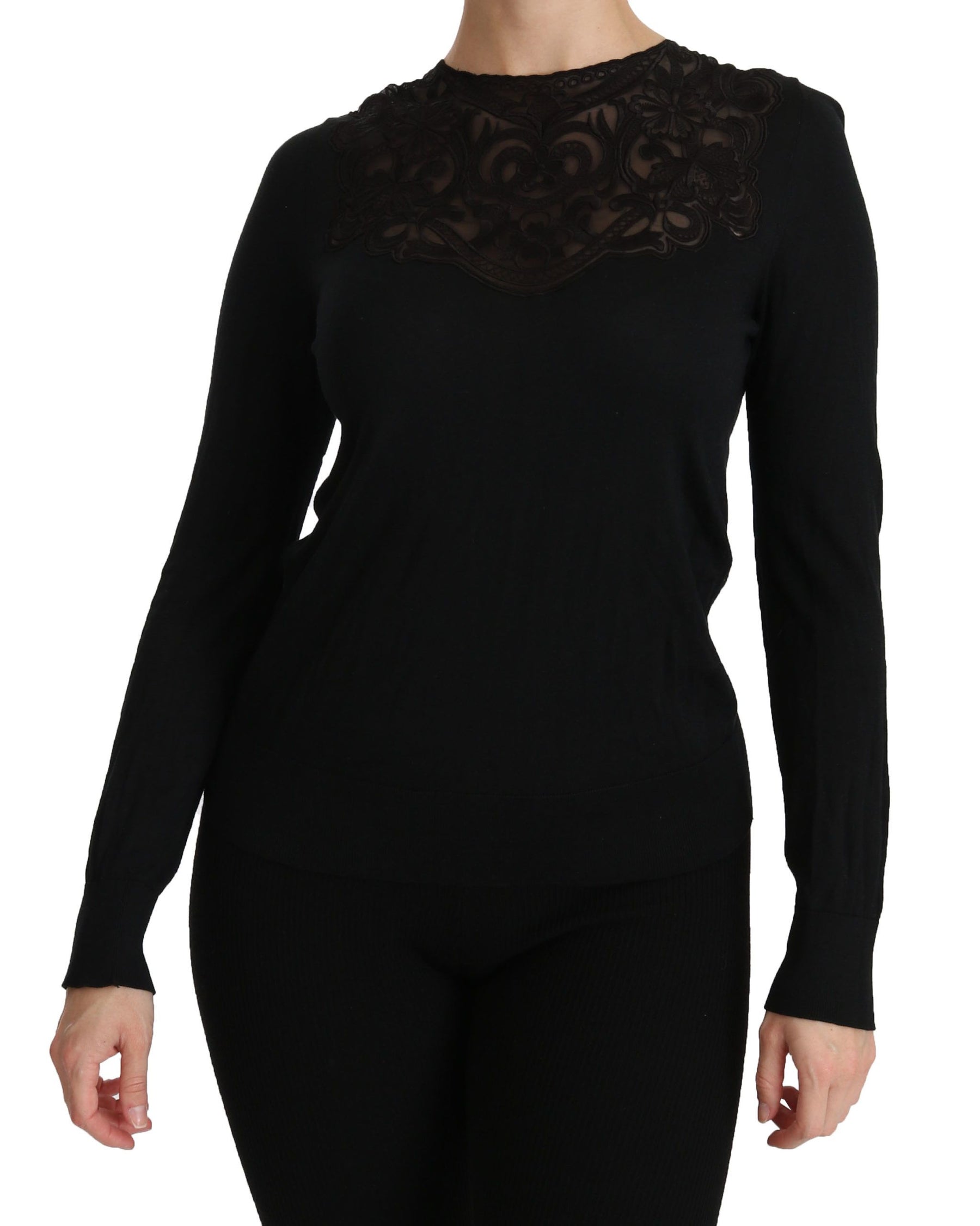Dolce & Gabbana Black Silk Lace Crew Neck Long Sleeve Blouse | Regal Royce