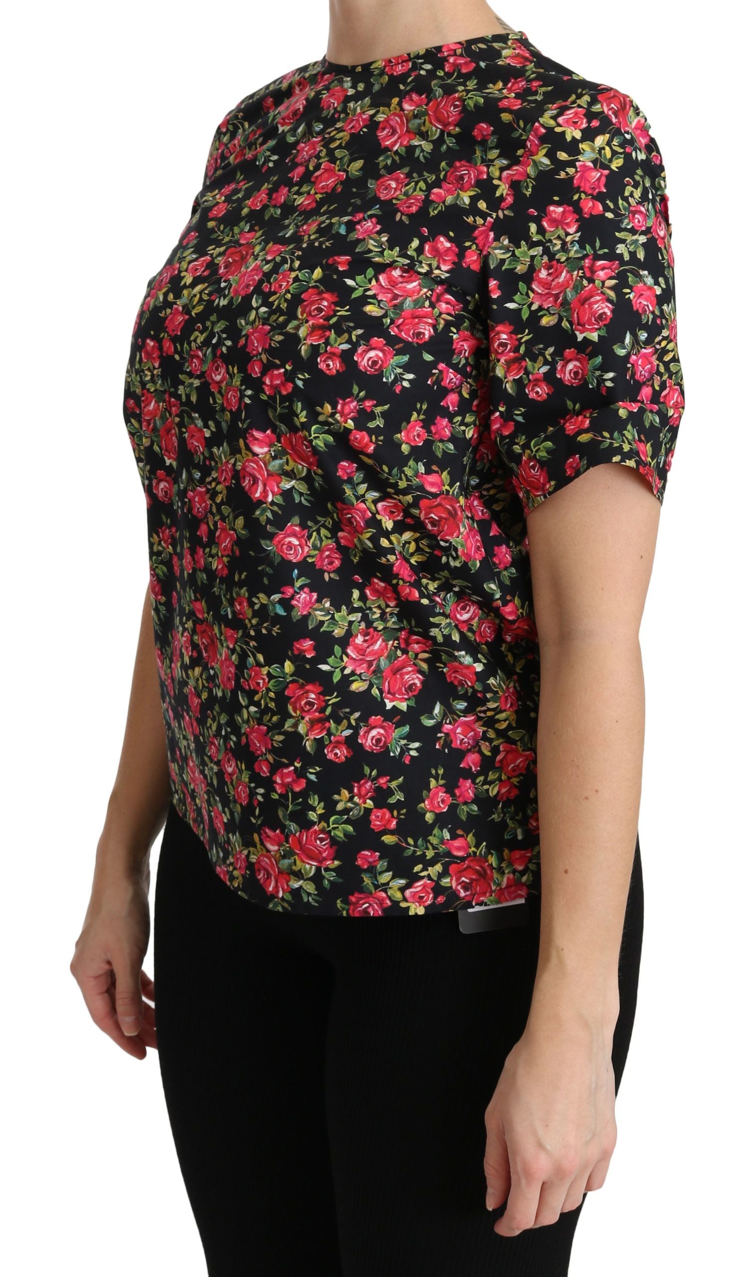 Dolce & Gabbana Black Floral Roses Short Sleeve Top Blouse | Regal Royce