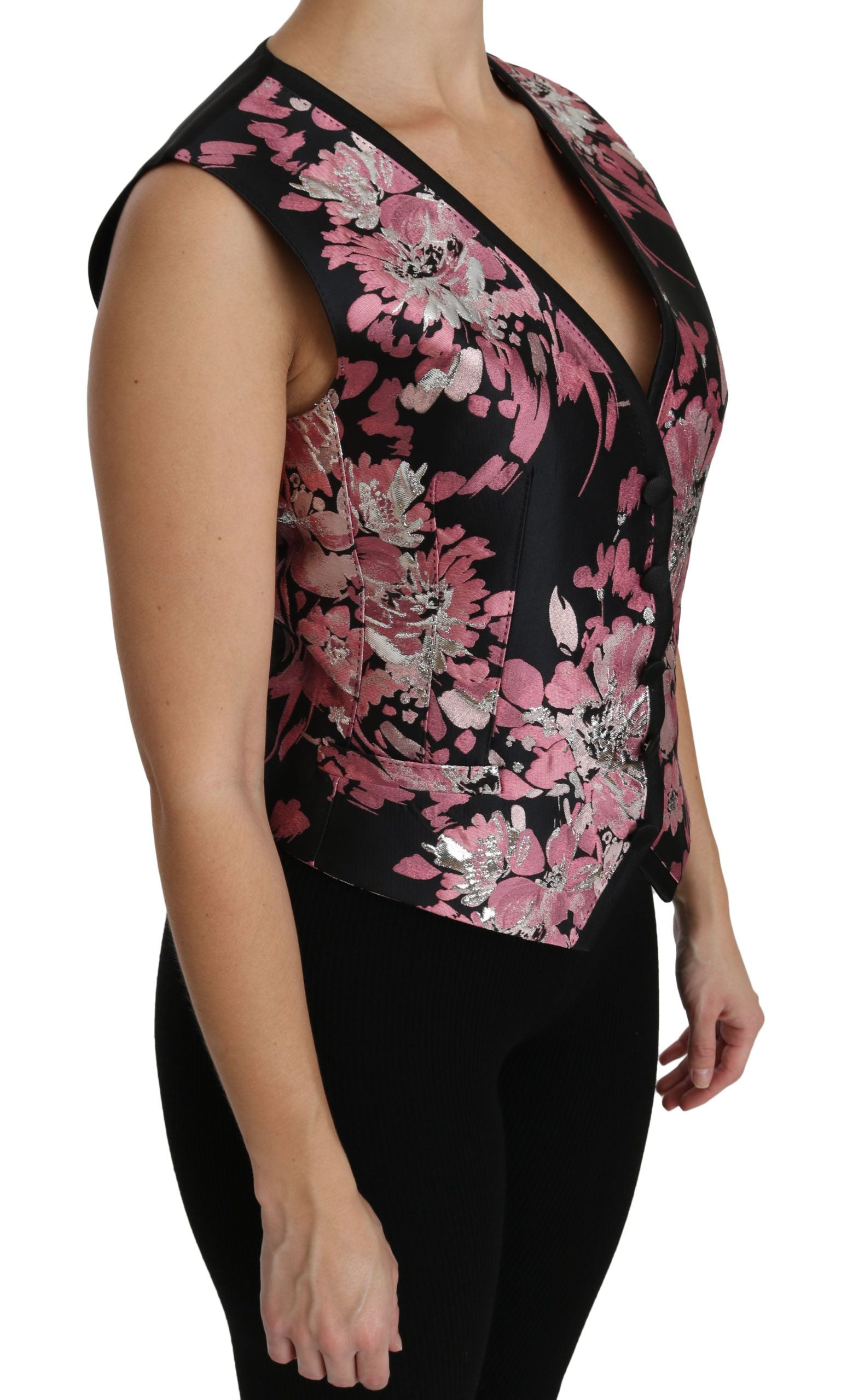 Dolce & Gabbana Black Pink Floral Waistcoat Vest Blouse Top | Regal Royce