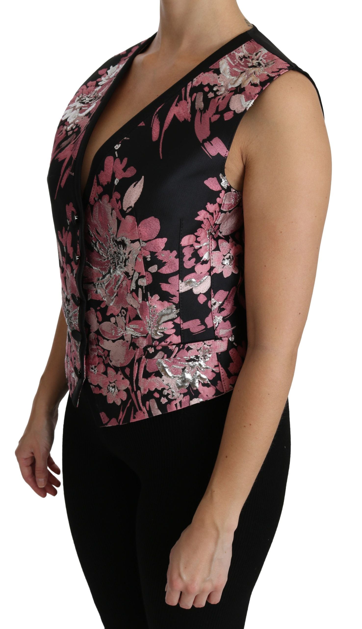 Dolce & Gabbana Black Pink Floral Waistcoat Vest Blouse Top | Regal Royce