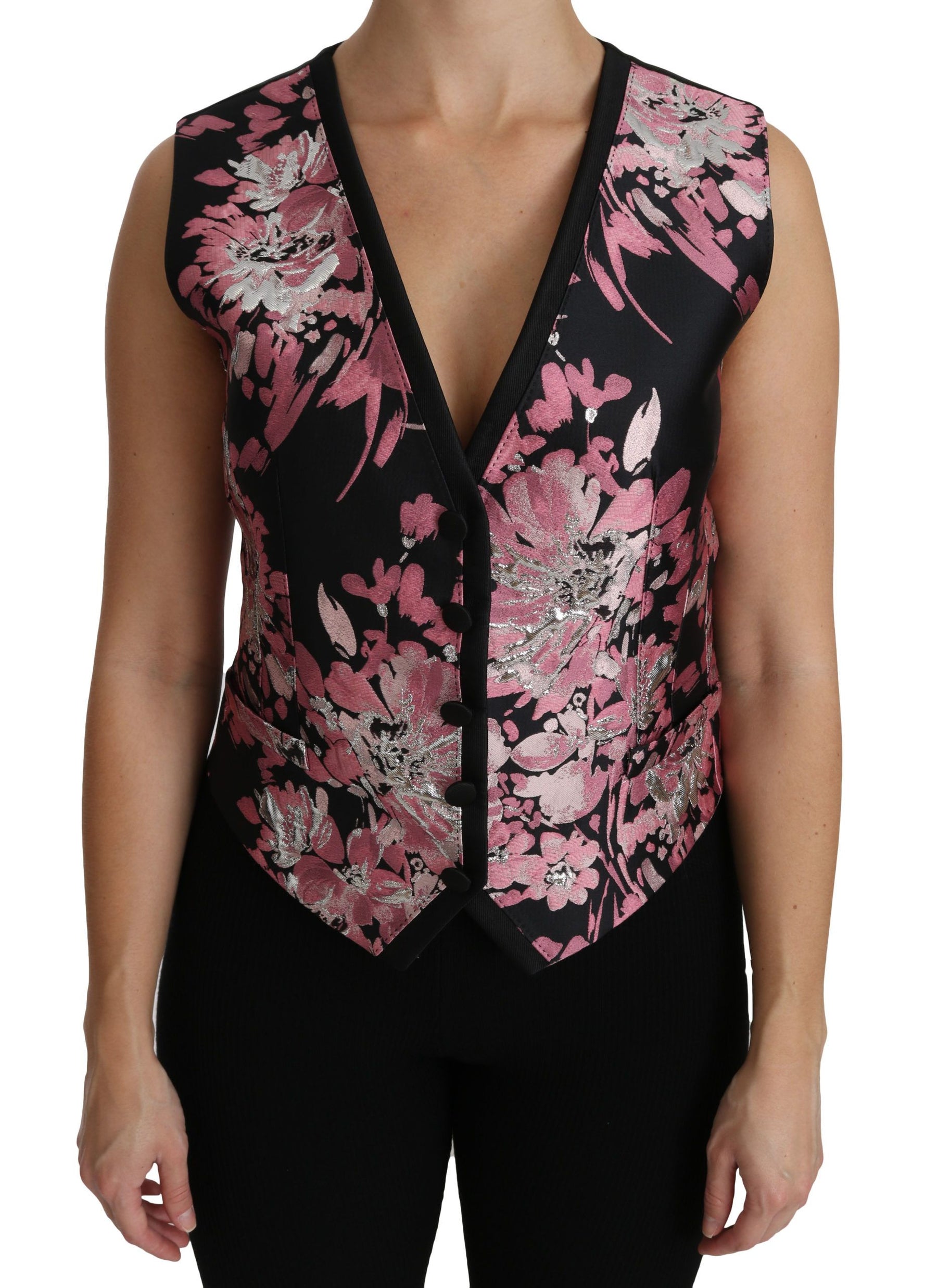 Dolce & Gabbana Black Pink Floral Waistcoat Vest Blouse Top | Regal Royce