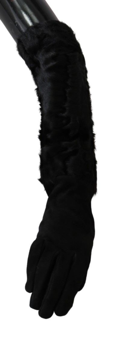 Dolce & Gabbana Black Elbow Length Mitten Suede Fur Gloves | Regal Royce