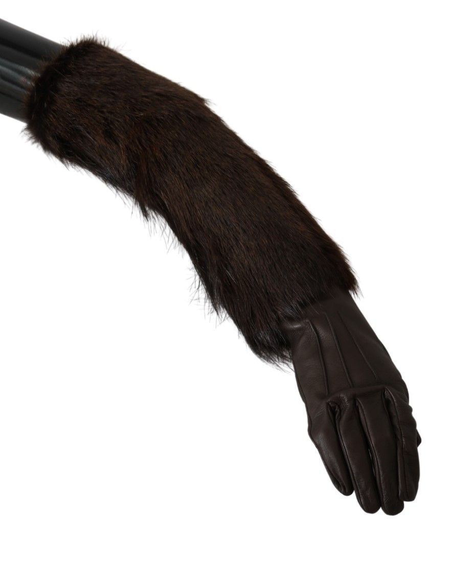 Dolce & Gabbana Brown Elbow Length Mittens Leather Fur Gloves | Regal Royce