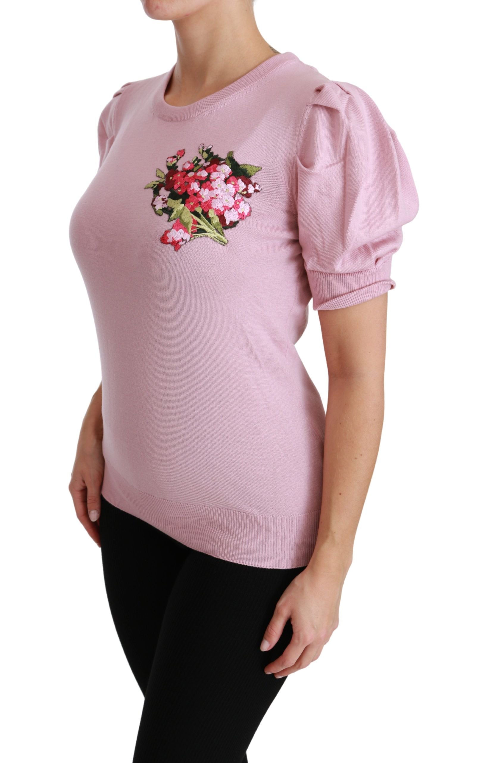 Dolce & Gabbana Pink Floral Embroidered Blouse Wool Top | Regal Royce