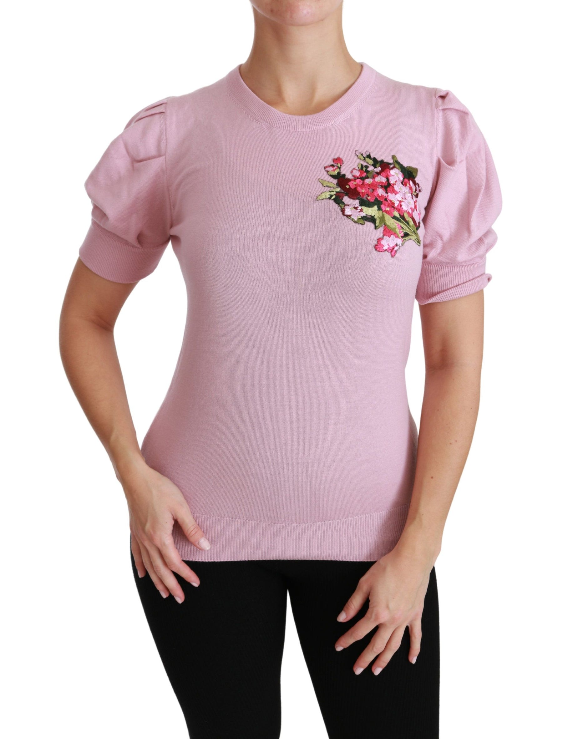 Dolce & Gabbana Pink Floral Embroidered Blouse Wool Top | Regal Royce