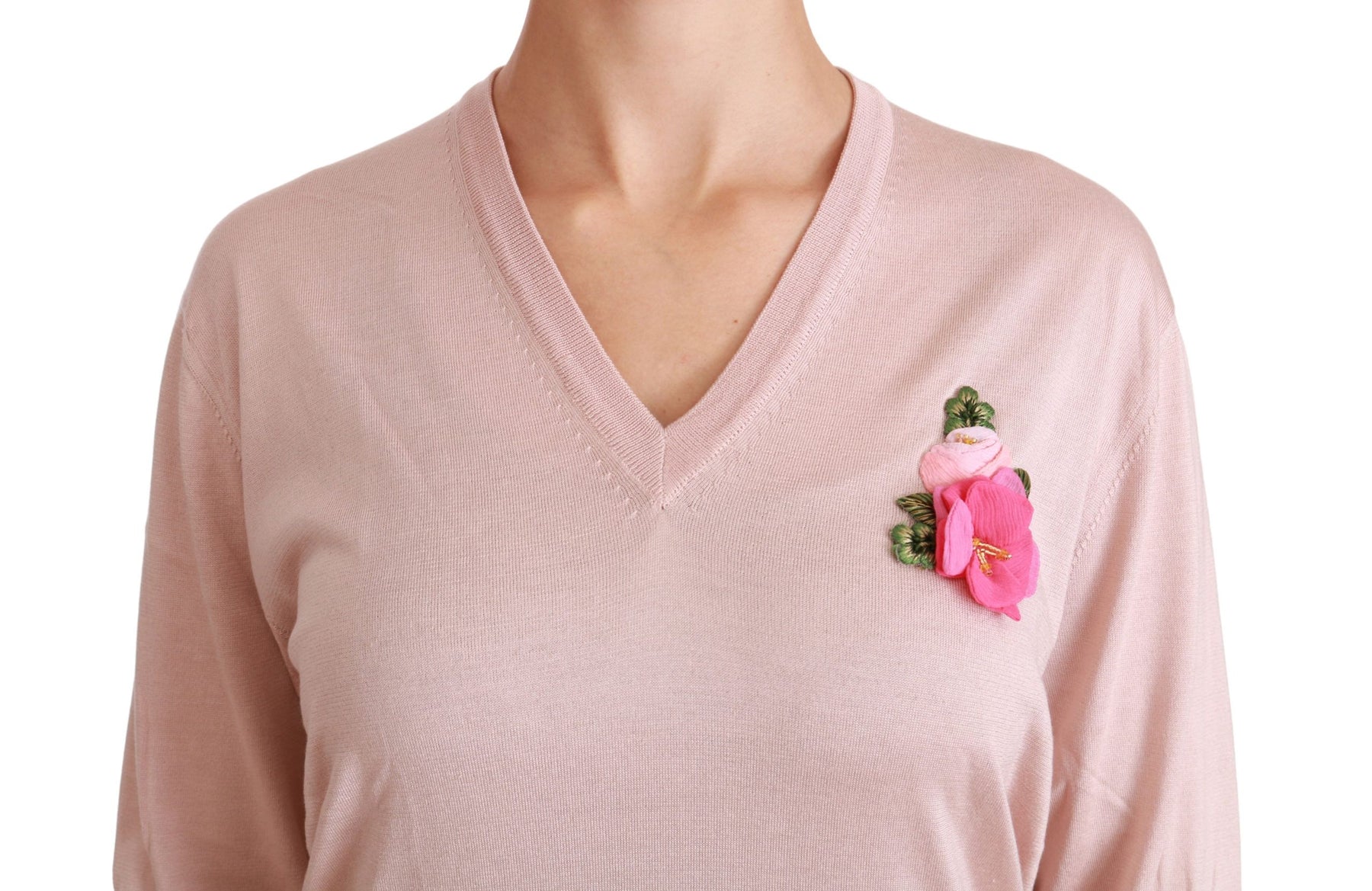 Dolce & Gabbana Pink Floral Embellished Pullover Silk Sweater | Regal Royce