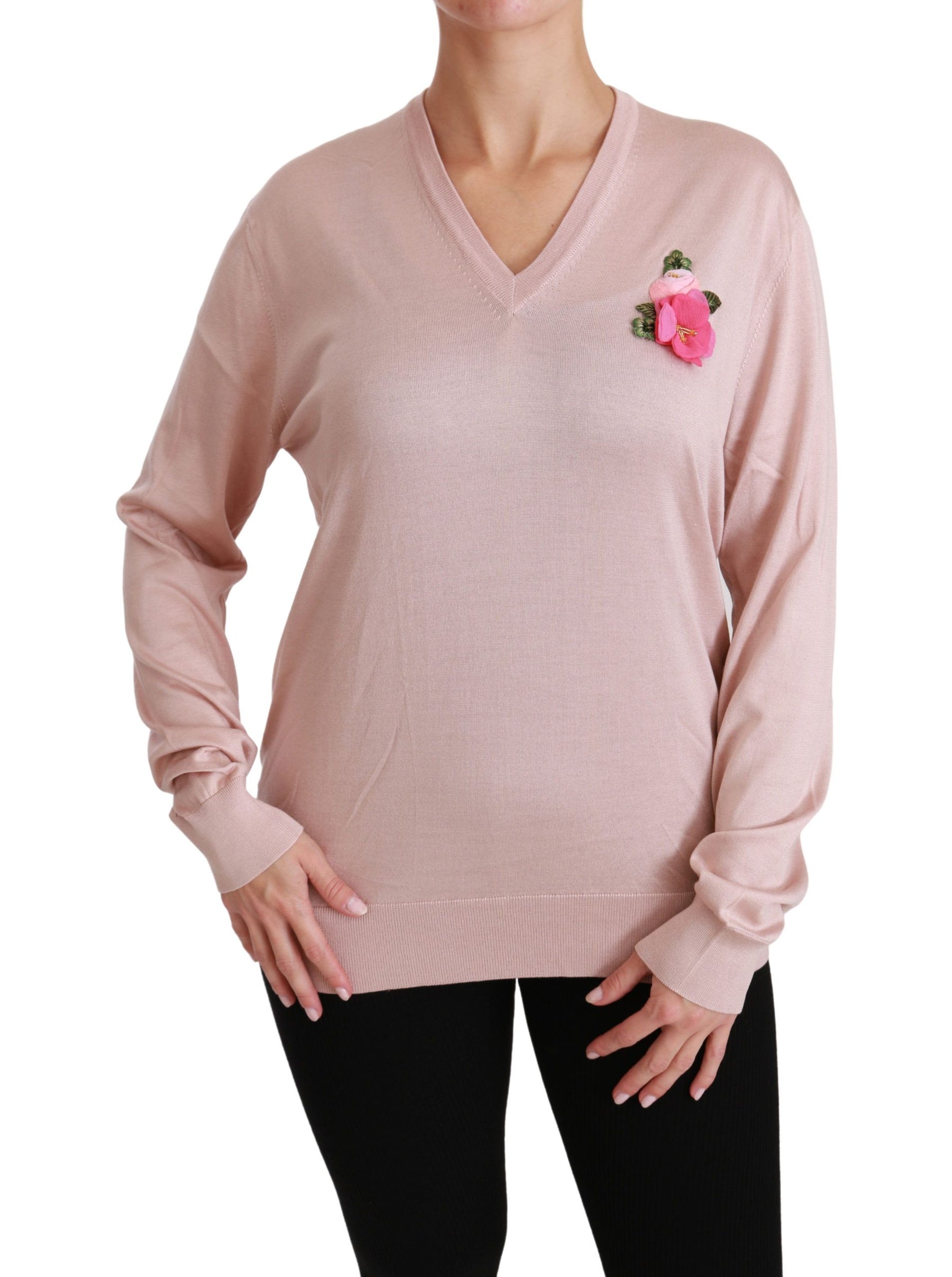Dolce & Gabbana Pink Floral Embellished Pullover Silk Sweater | Regal Royce