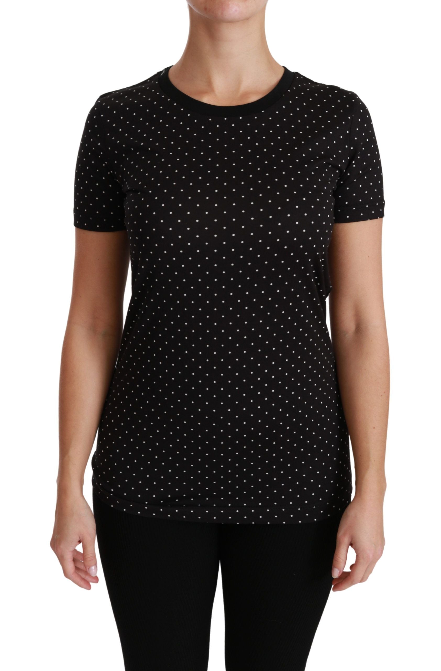 Dolce & Gabbana Black Dotted Crewneck Cotton Top T-shirt | Regal Royce
