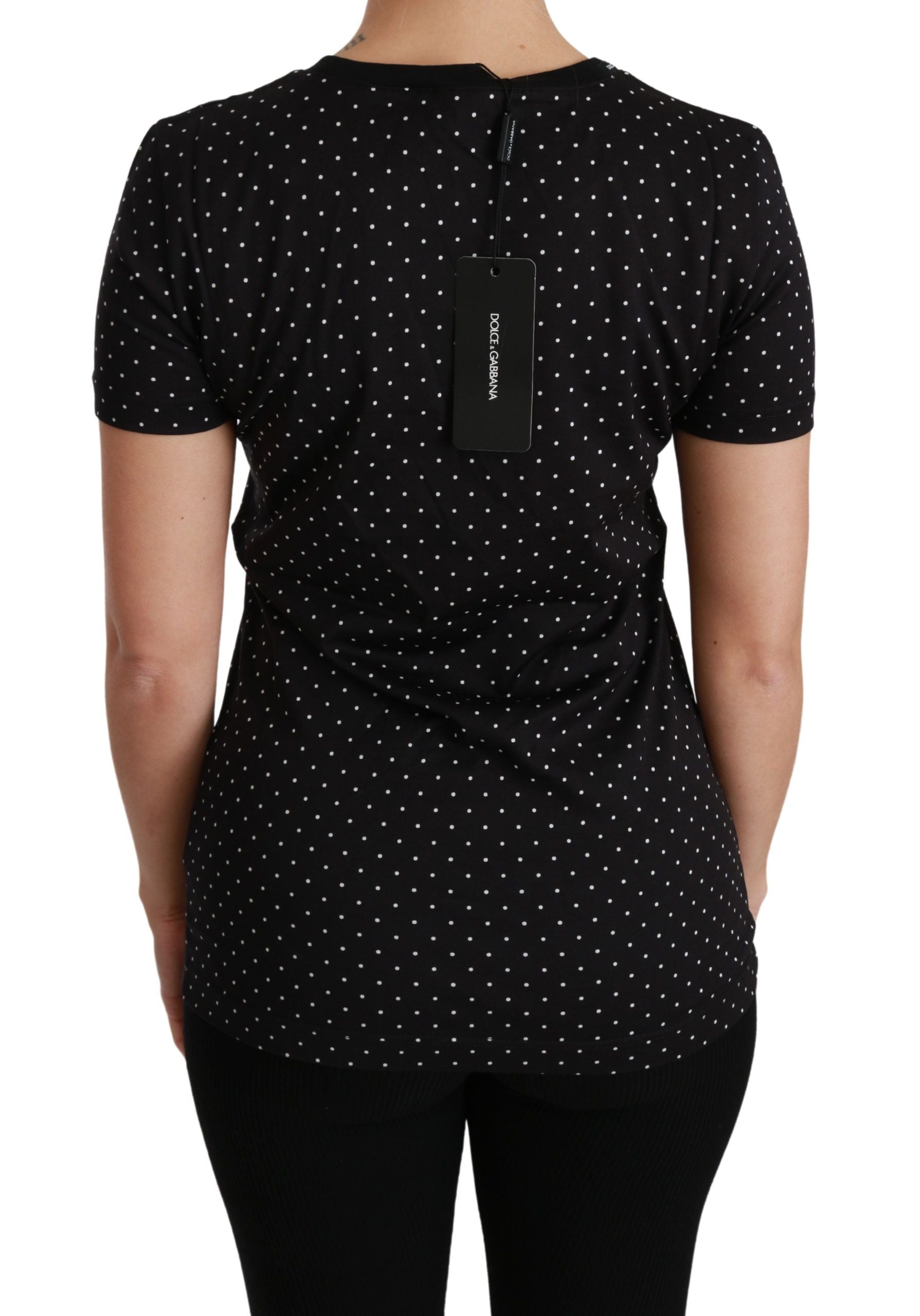 Dolce & Gabbana Black Dotted Crewneck Cotton Top T-shirt | Regal Royce