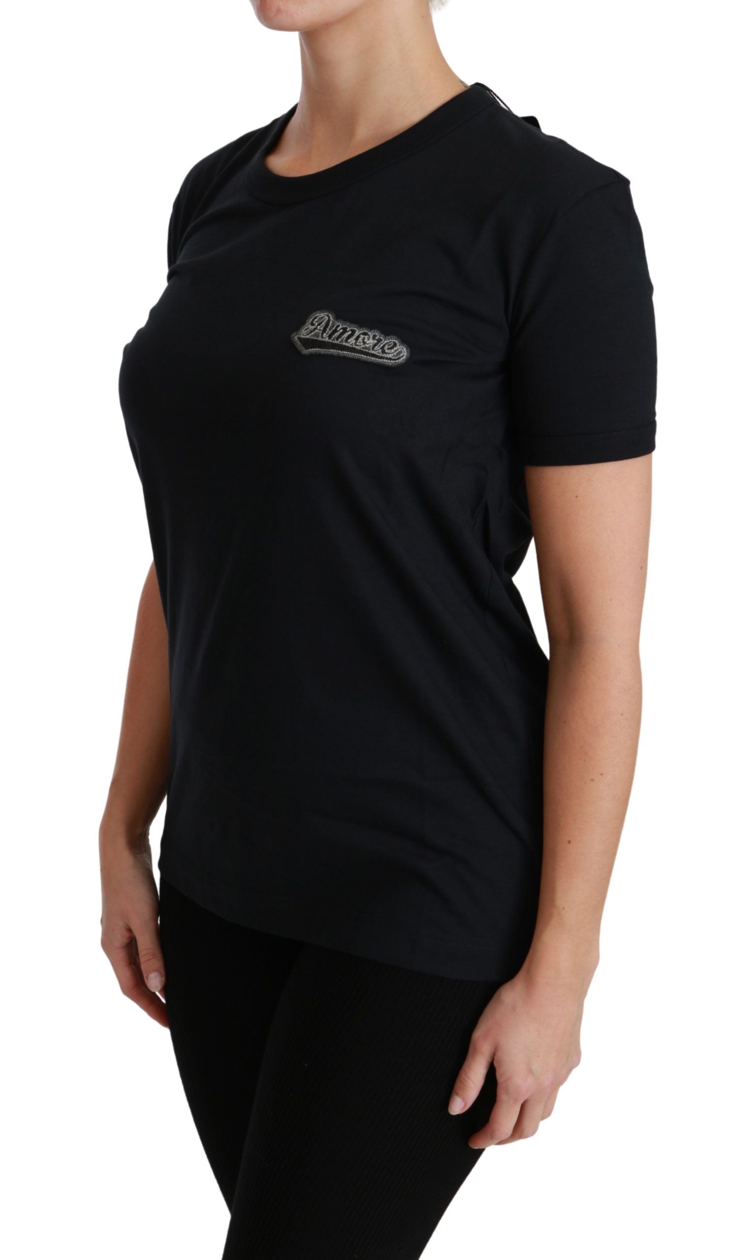 Dolce & Gabbana Blue Amore Patch Crewneck Cotton Top T-shirt | Regal Royce