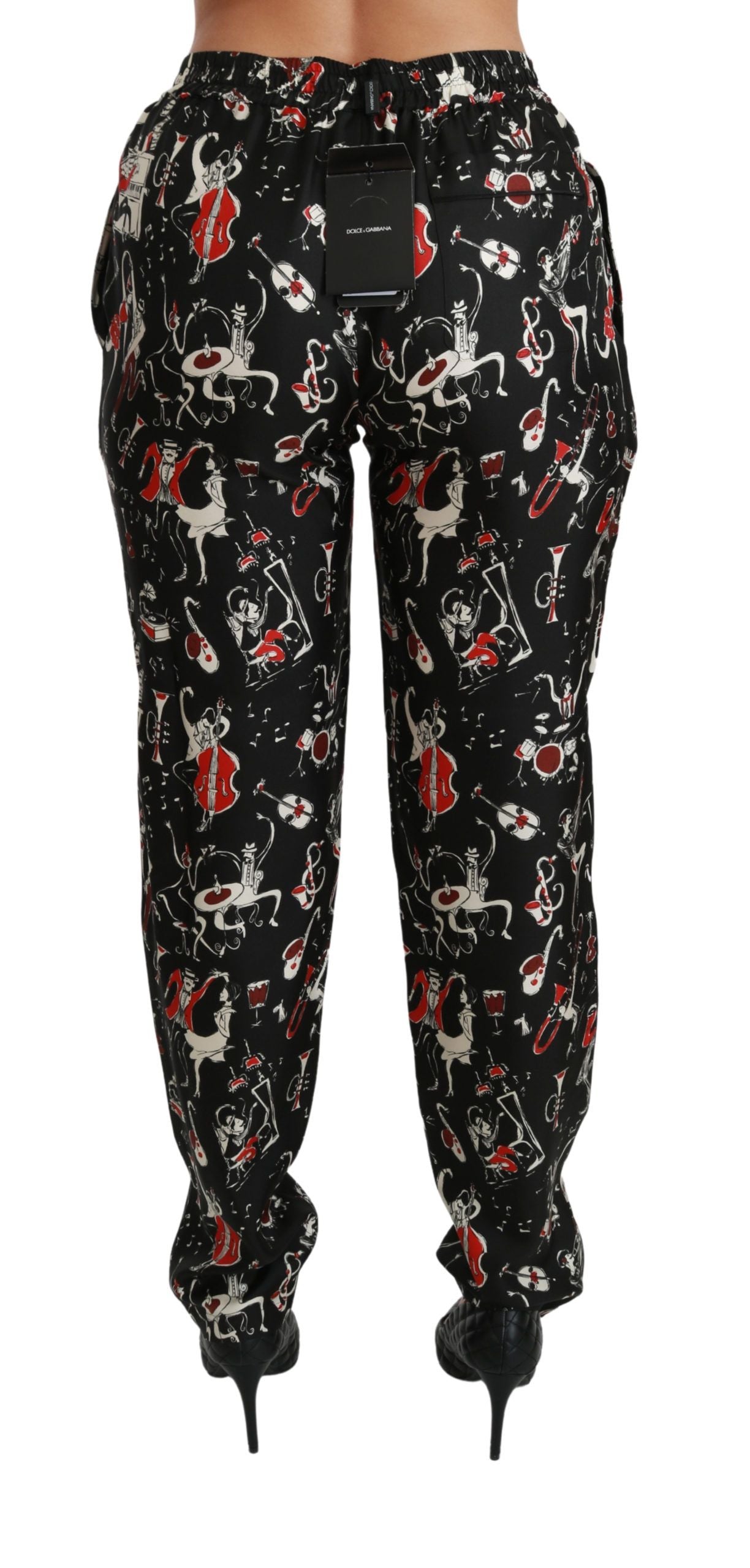 Dolce & Gabbana Black Silk Instrument Mid Waist Pants | Regal Royce