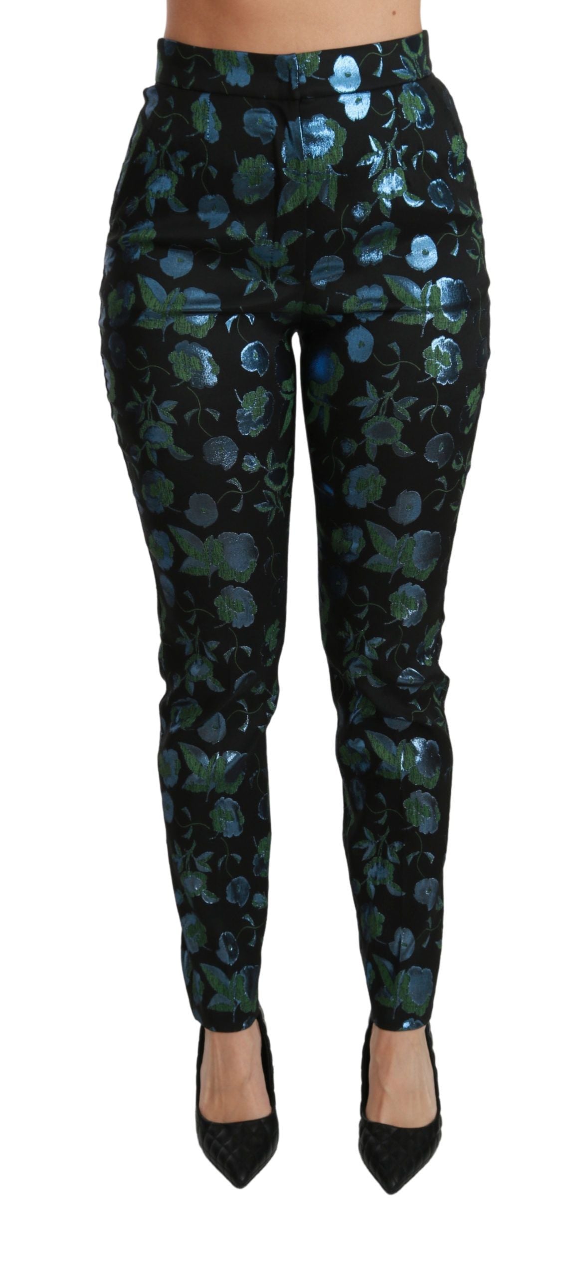 Dolce & Gabbana Blue Green Floral Metallic Slim Pants | Regal Royce
