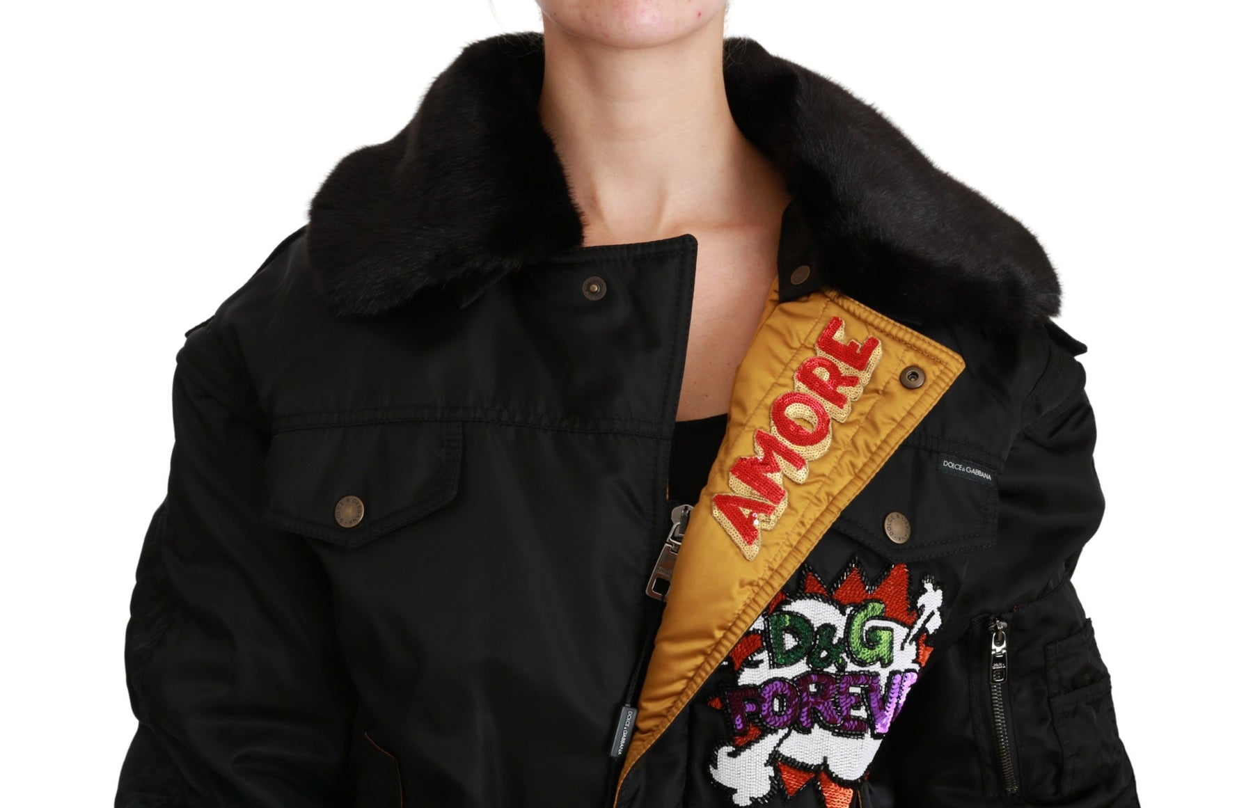 Dolce & Gabbana Black Queen Crown Sequined Bomber Jacket | Regal Royce