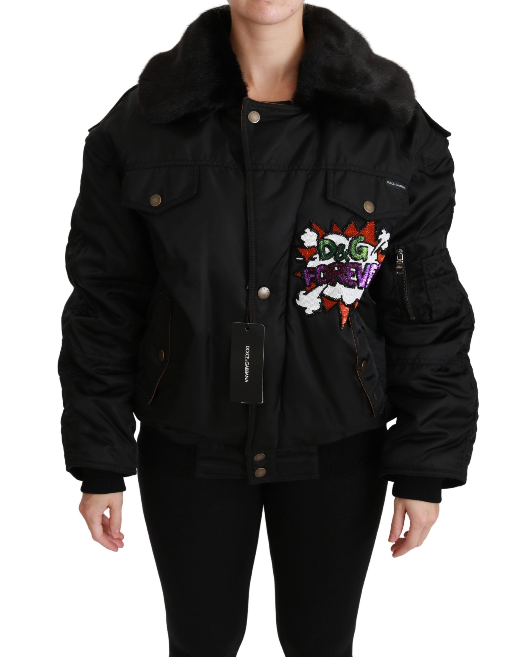 Dolce & Gabbana Black Queen Crown Sequined Bomber Jacket | Regal Royce