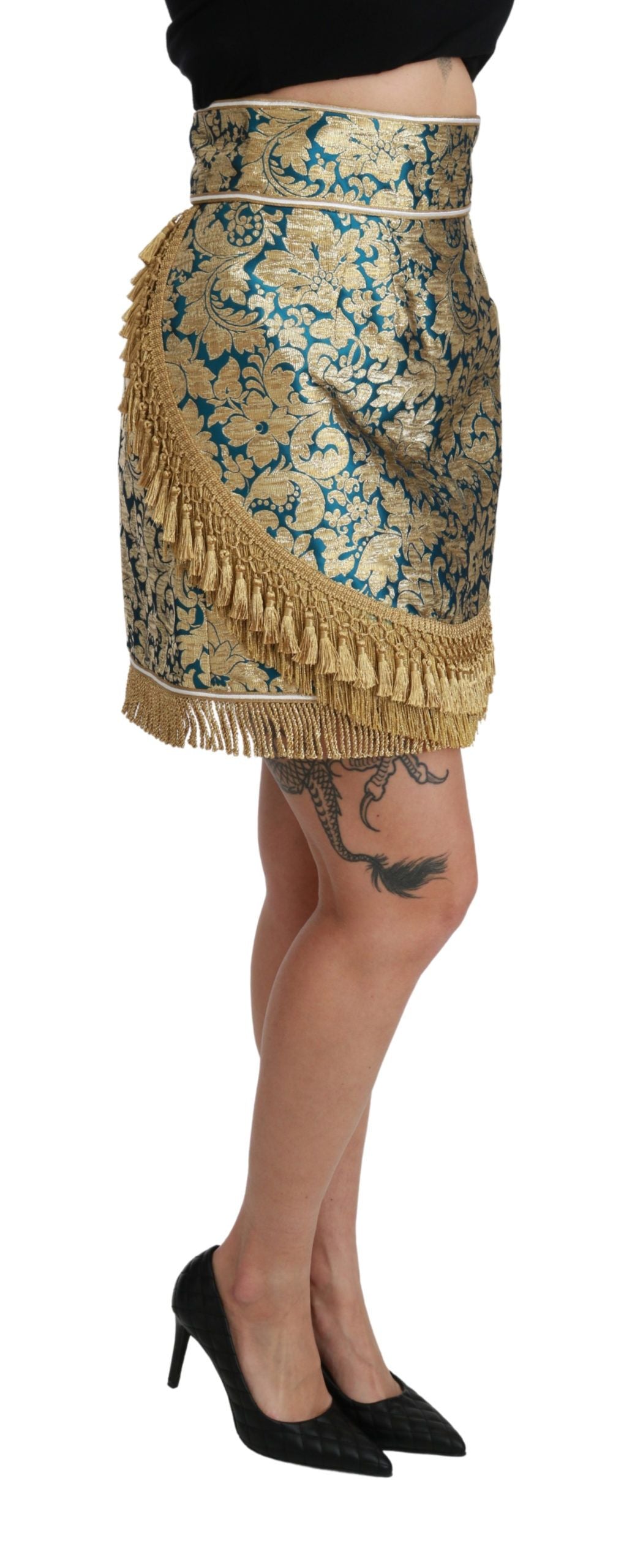 Dolce & Gabbana Blue High Waist Jacquard Tassel Gold Skirt | Regal Royce