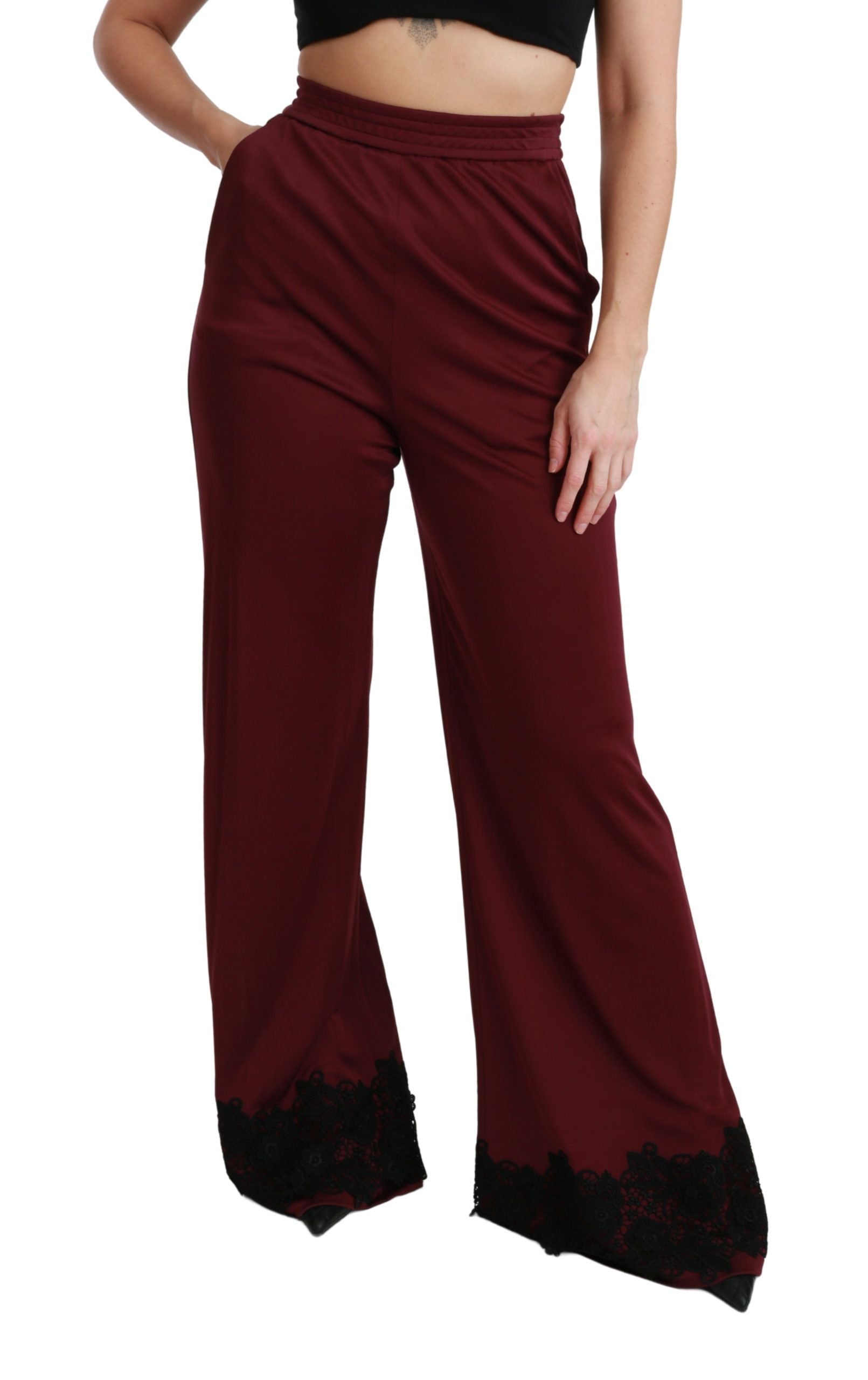 Dolce & Gabbana Black Lace High Waist Wide Leg Maroon  Pants | Regal Royce