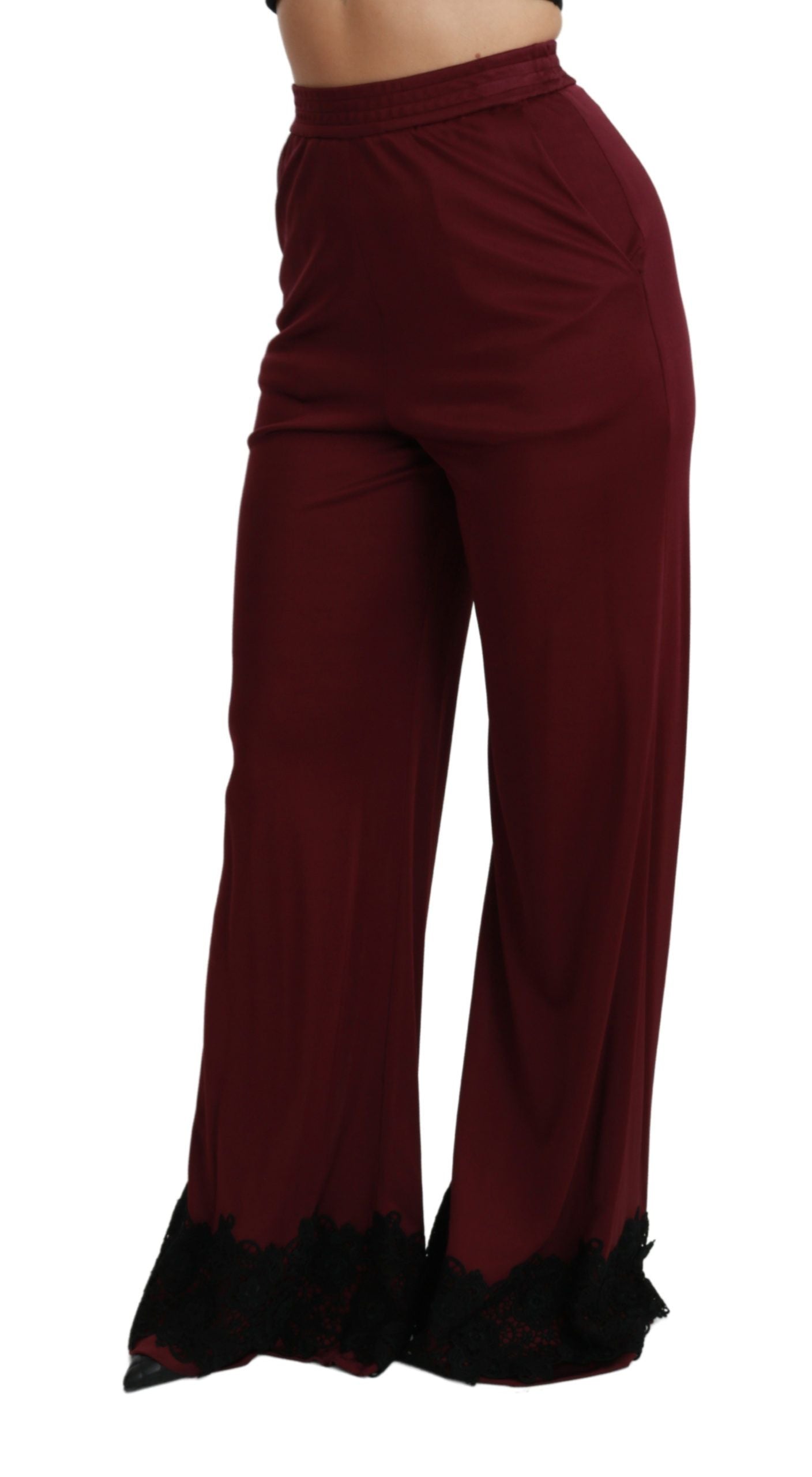 Dolce & Gabbana Black Lace High Waist Wide Leg Maroon  Pants | Regal Royce