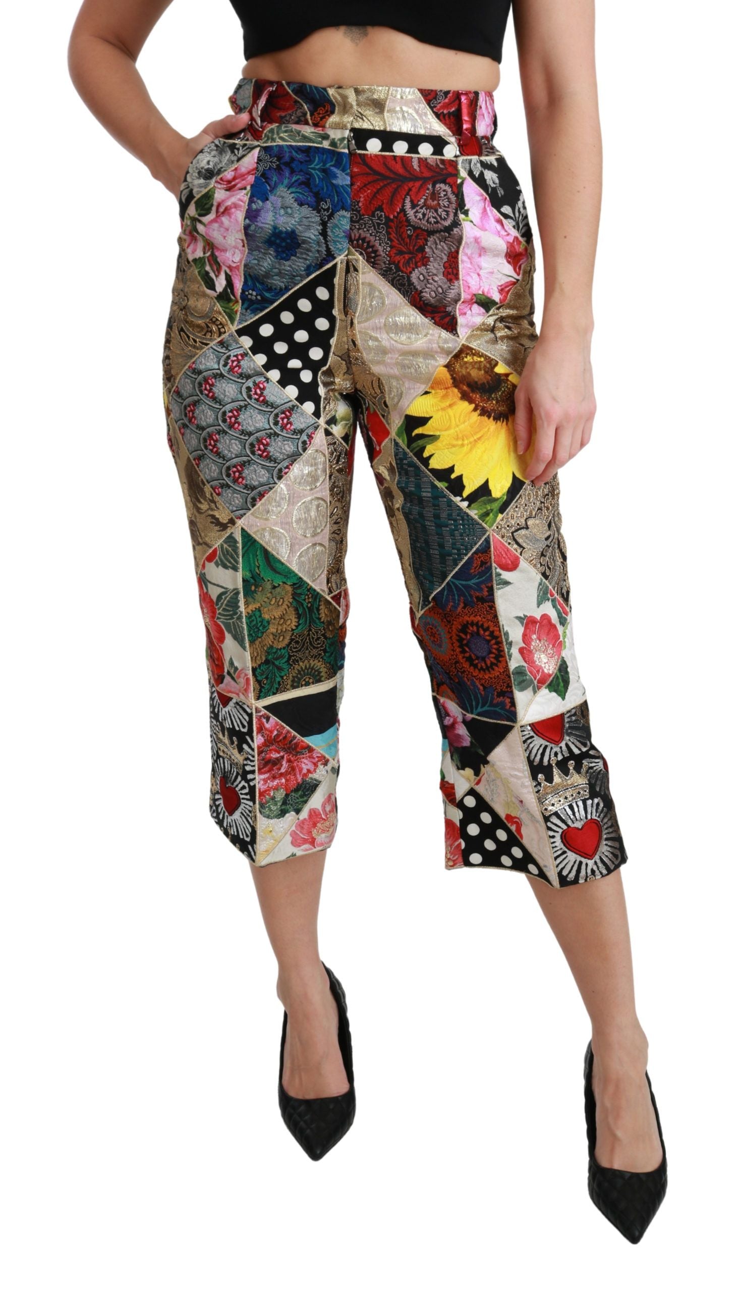 Dolce & Gabbana Silk Multicolor Print High Waist Cropped Pants | Regal Royce