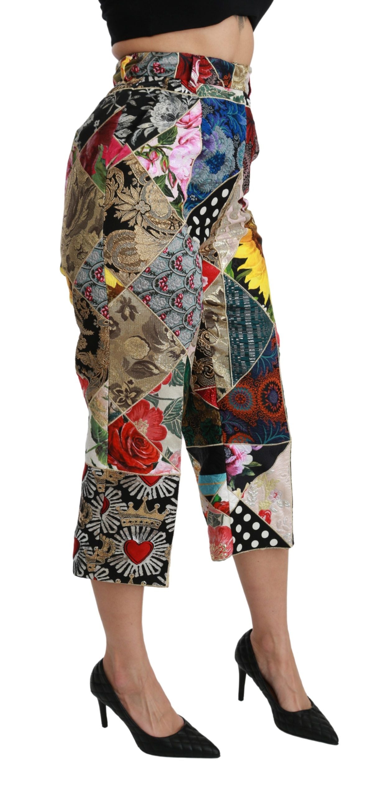 Dolce & Gabbana Silk Multicolor Print High Waist Cropped Pants | Regal Royce
