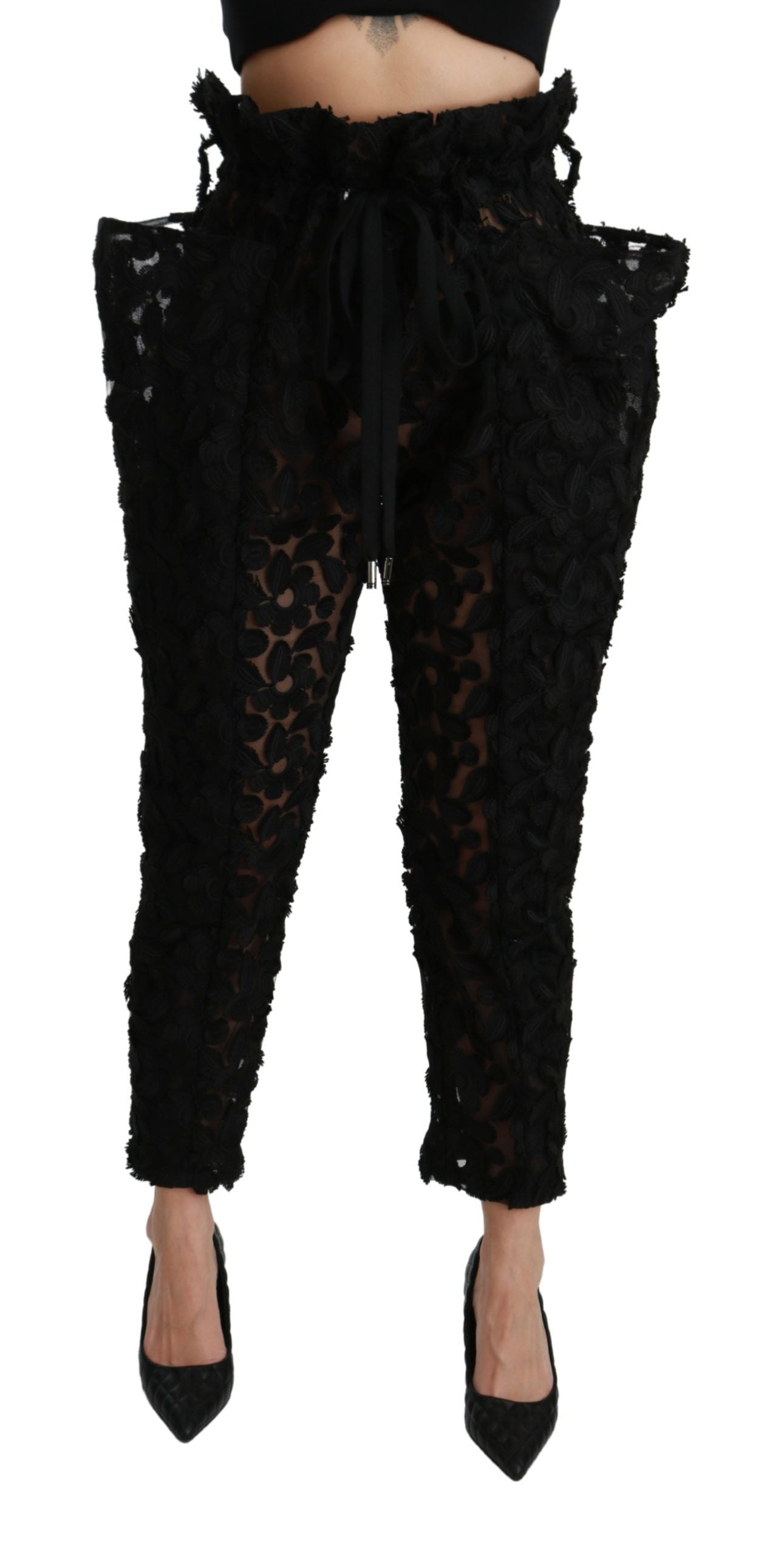 Dolce & Gabbana Black Floral Lace Tapered High Waist Pants | Regal Royce