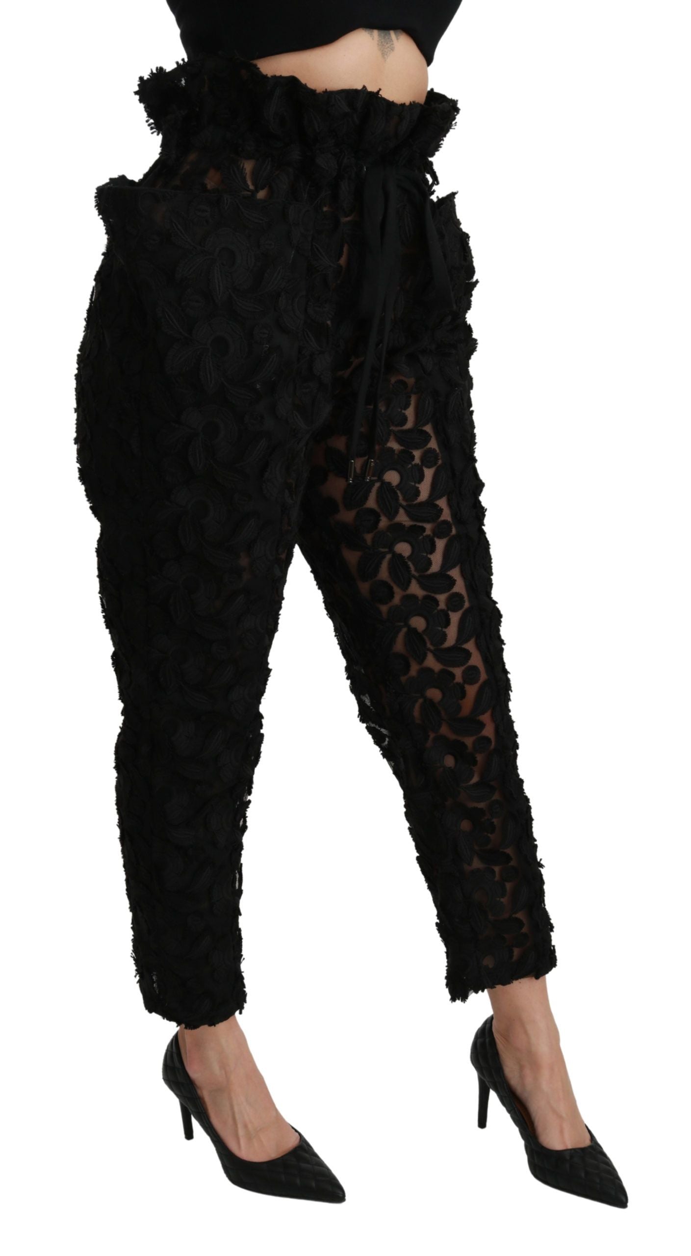 Dolce & Gabbana Black Floral Lace Tapered High Waist Pants | Regal Royce