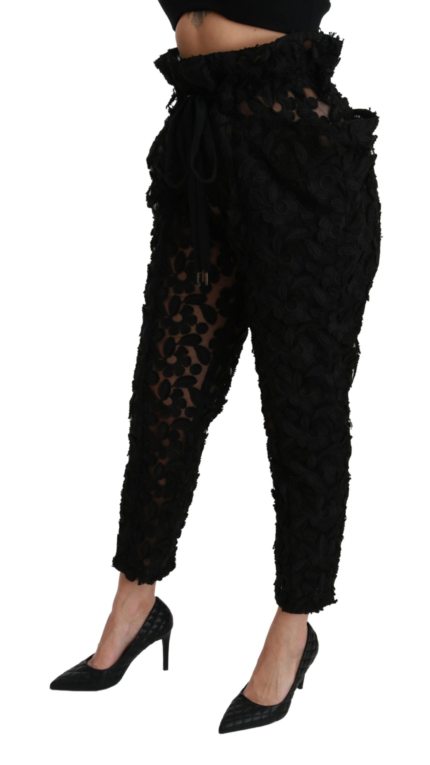 Dolce & Gabbana Black Floral Lace Tapered High Waist Pants | Regal Royce