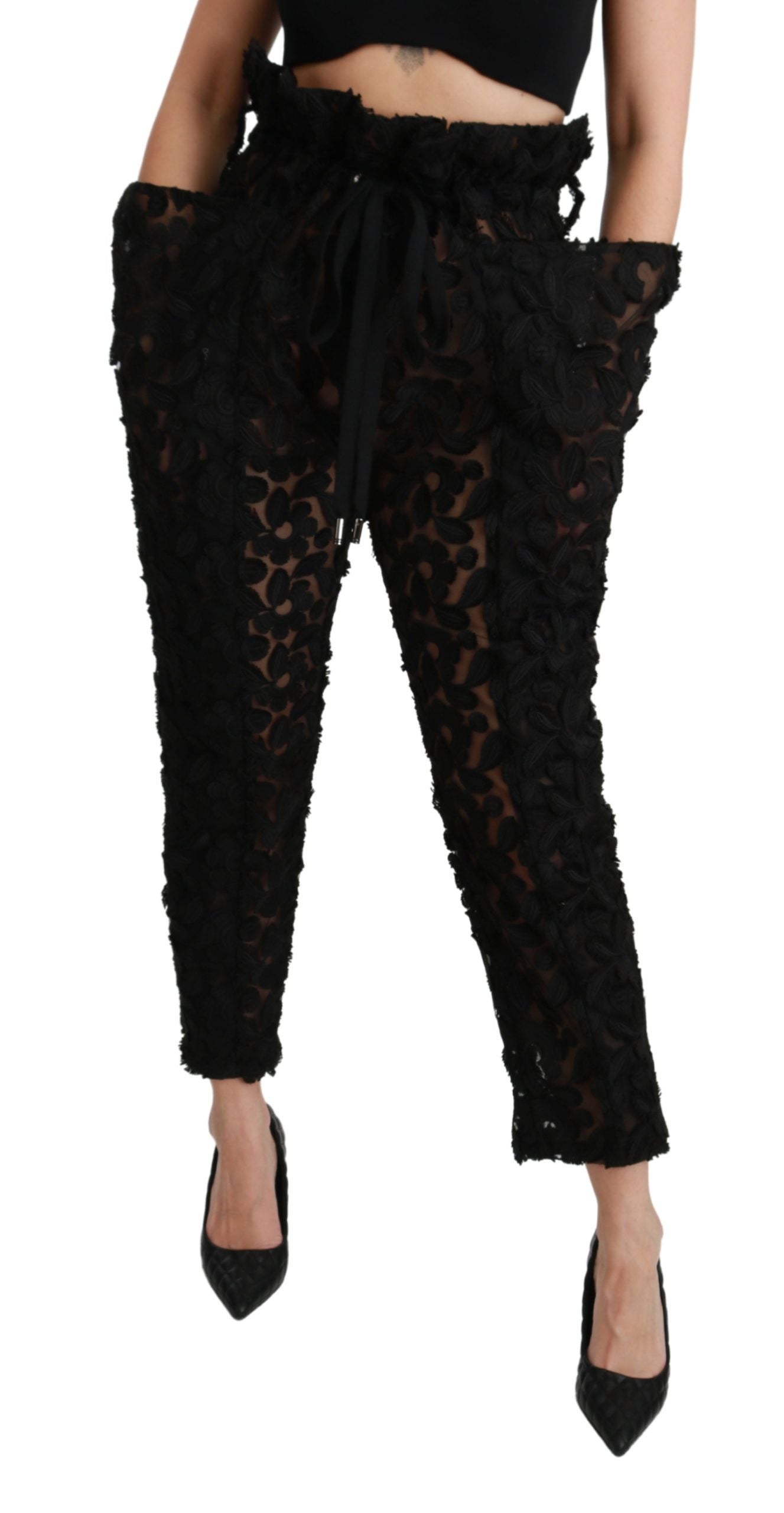 Dolce & Gabbana Black Floral Lace Tapered High Waist Pants | Regal Royce